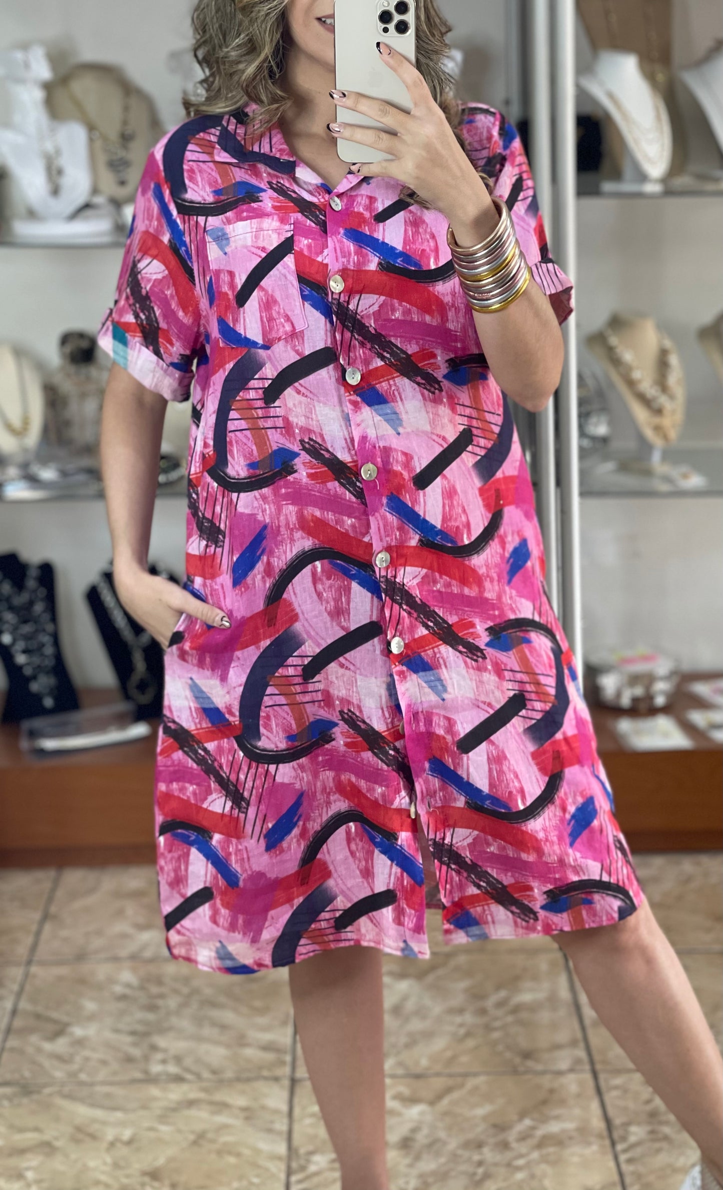 Linen Abstract Print OS Dress