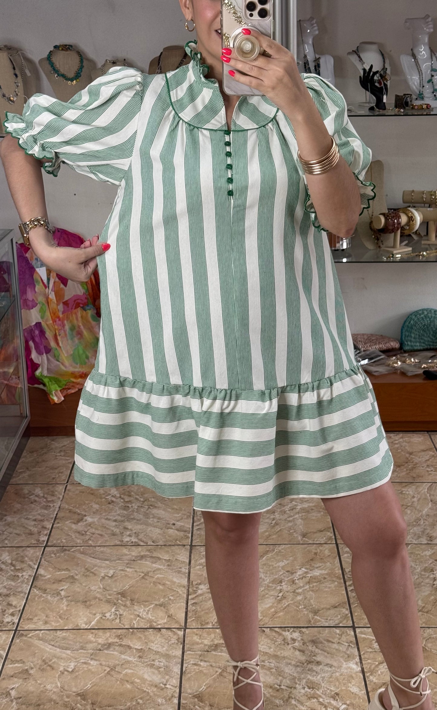 Green Stripes Ruffle Dress