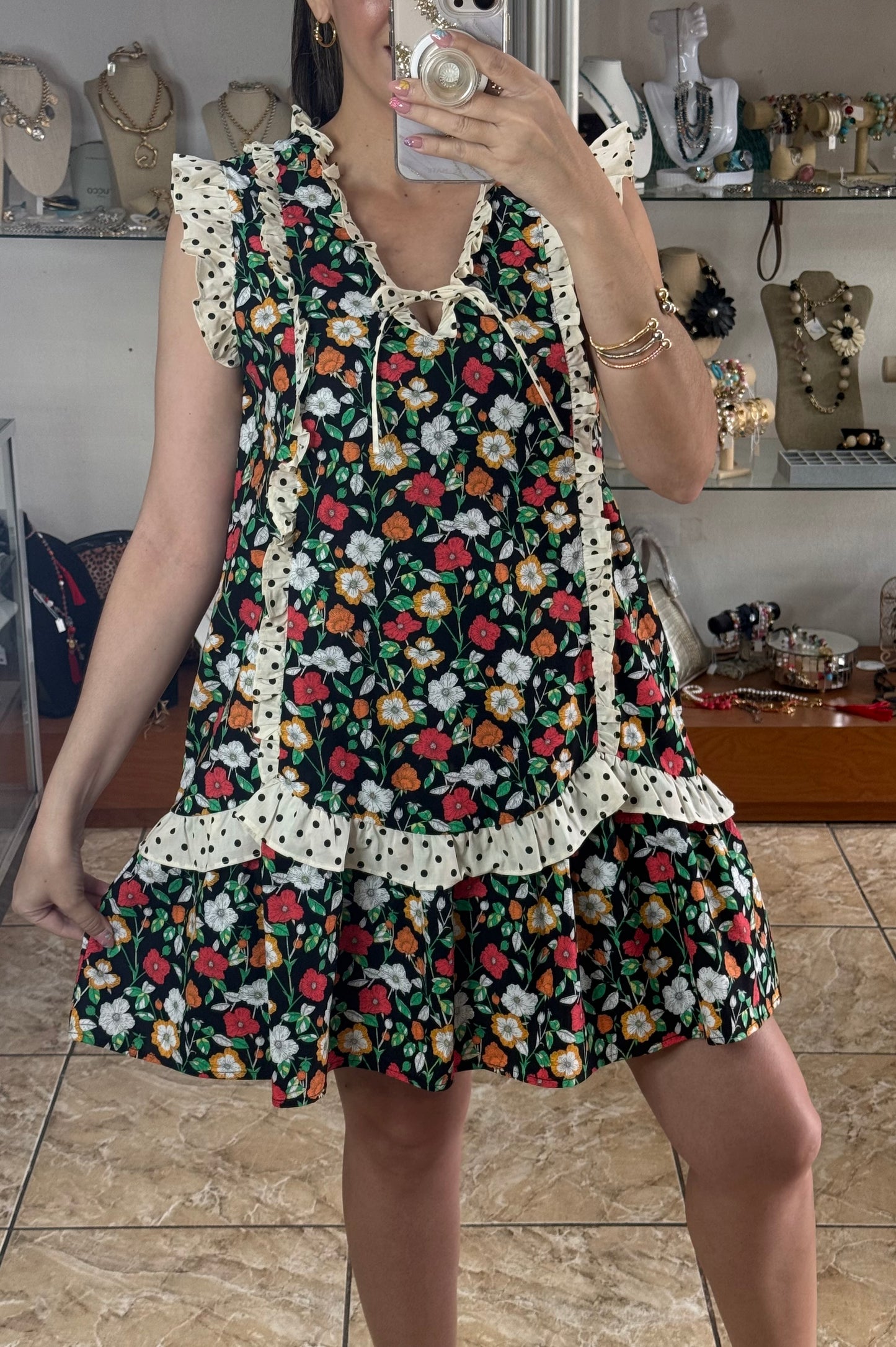Sleeveless Polka Ruffles Floral Dress