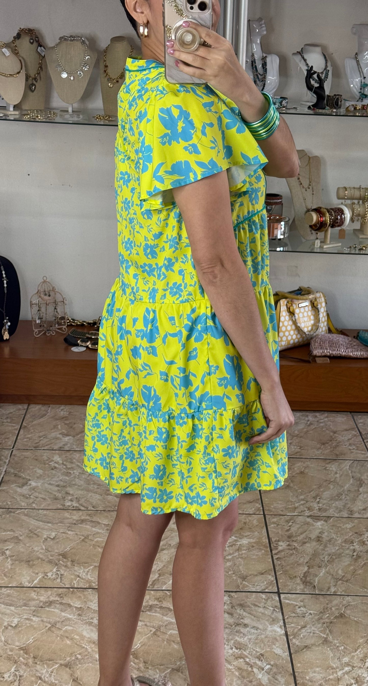 Lime Mix Flutter Sleeves Dress