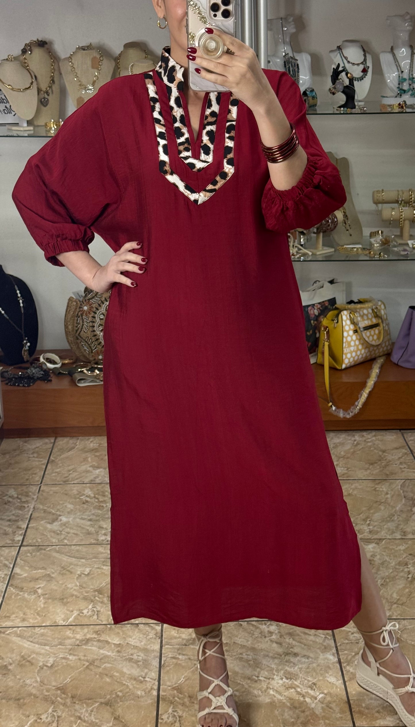 Burgundy/Leopard Maxi Dress
