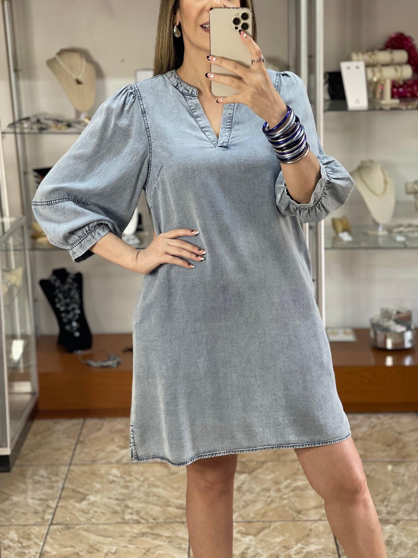 Washed Denim 3/4 Sleeve Dress