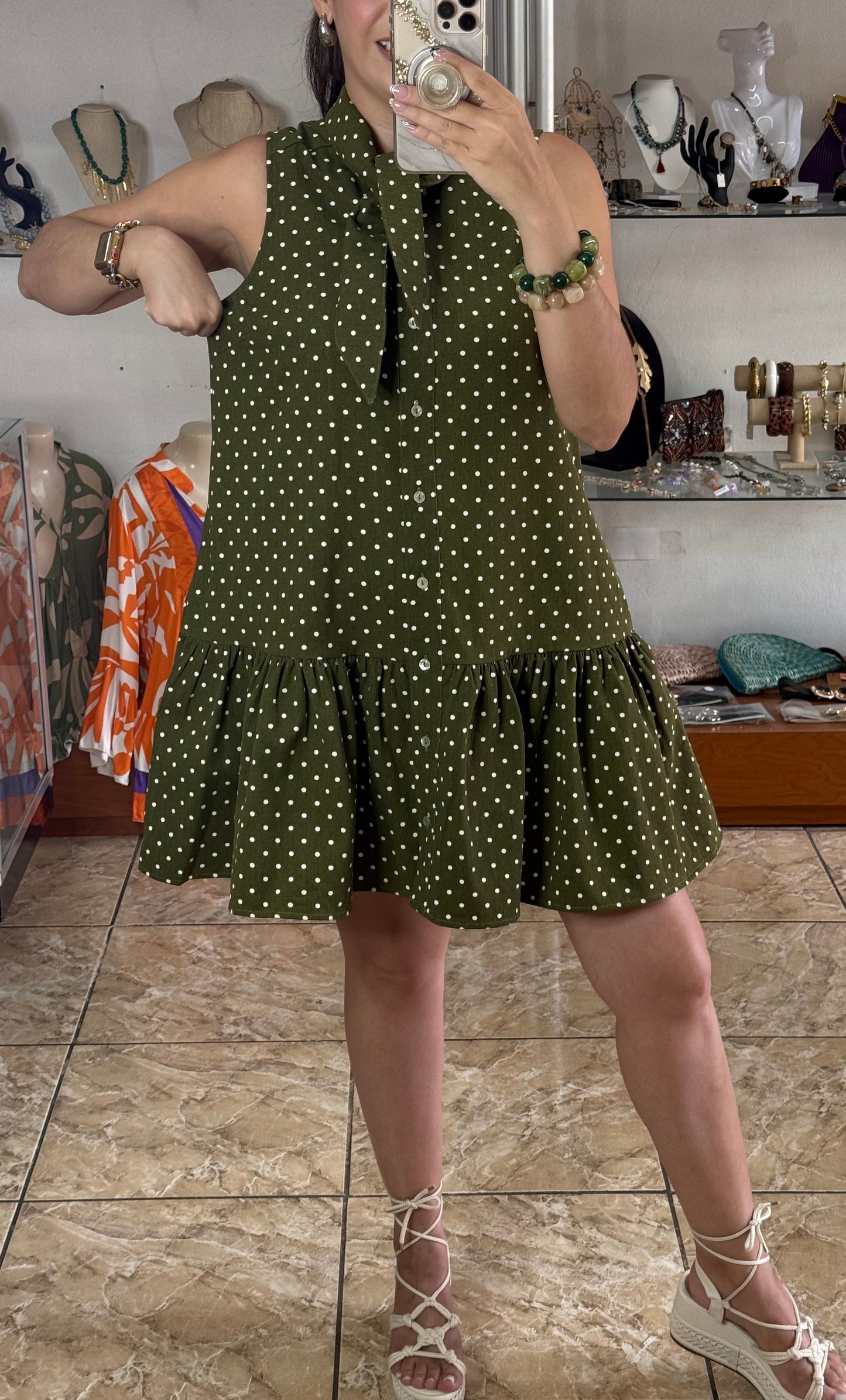 Olive Sleeveless Polkadot Mini Denim Dress