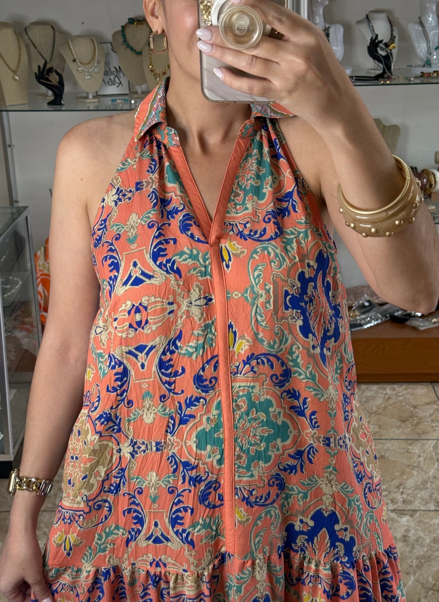 Coral Mix Halter Maxi Dress
