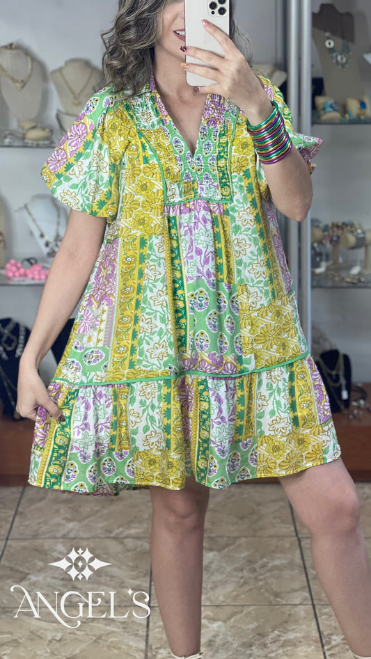 Green Patches Puff Sleeves Dress