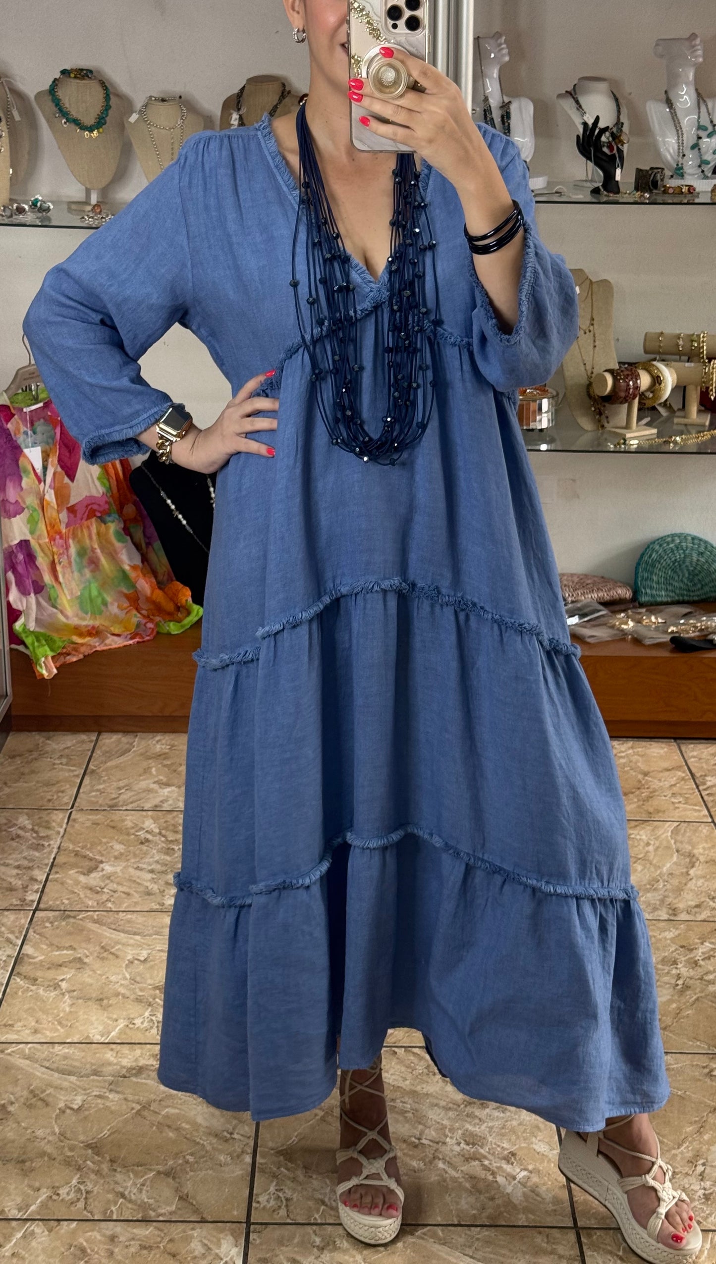 Deep V Neck OS Linen Dress (NO RETURNS OR EXCHANGE)