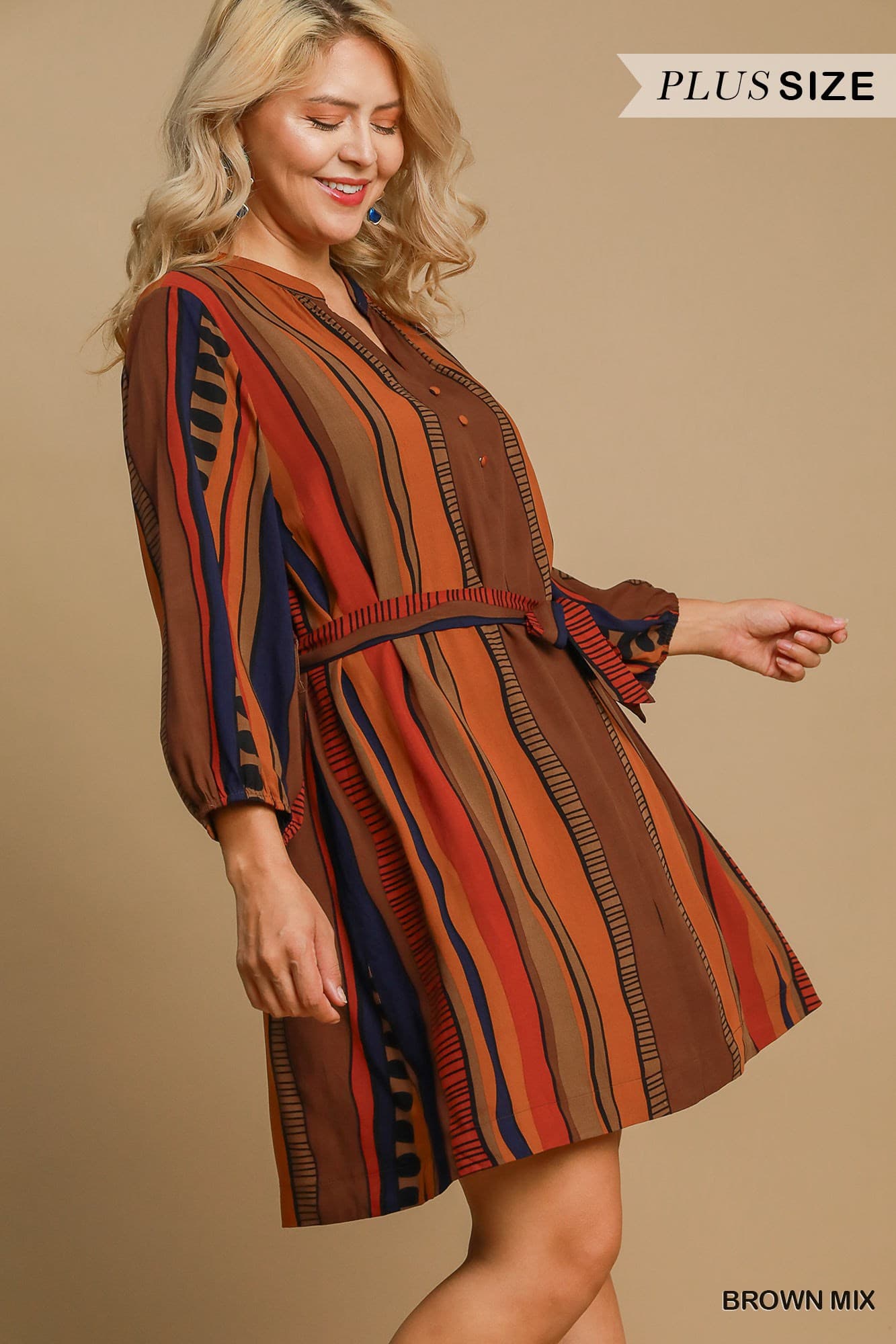 Brown Mix Button Down Mini Dress (PLUS)