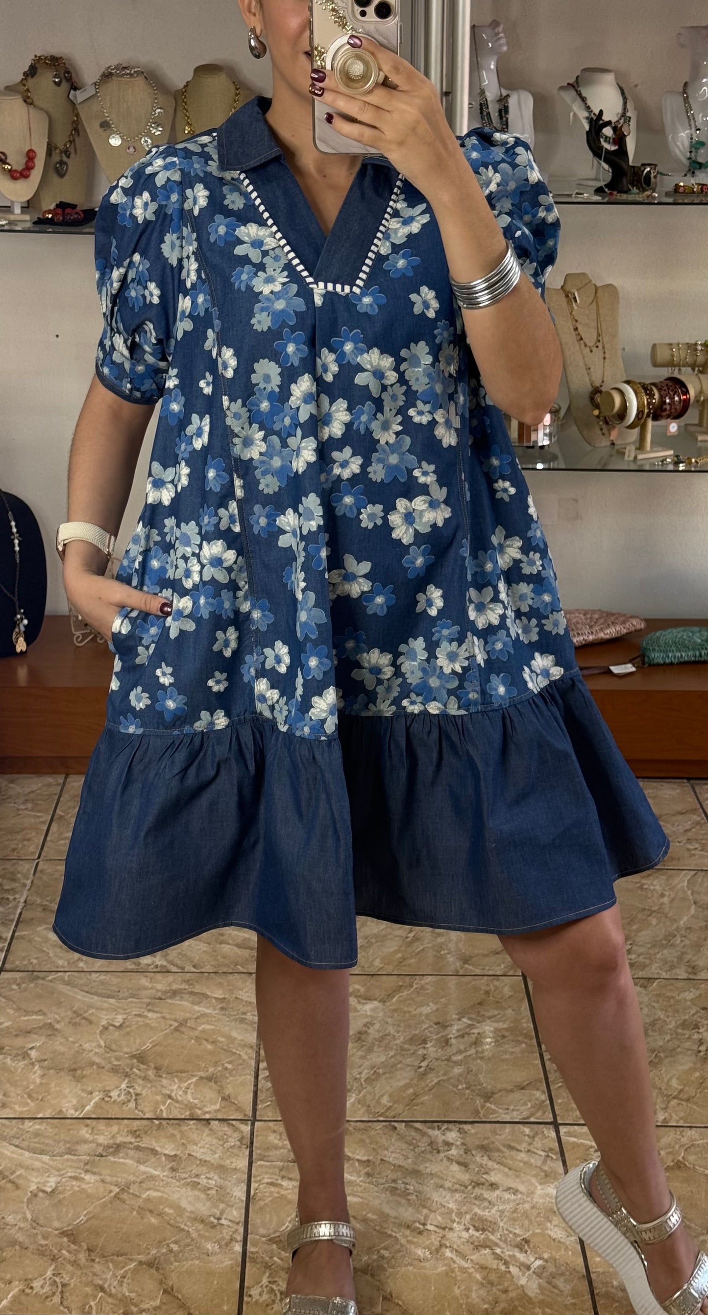 Chambray Floral Puff Sleeves Dress