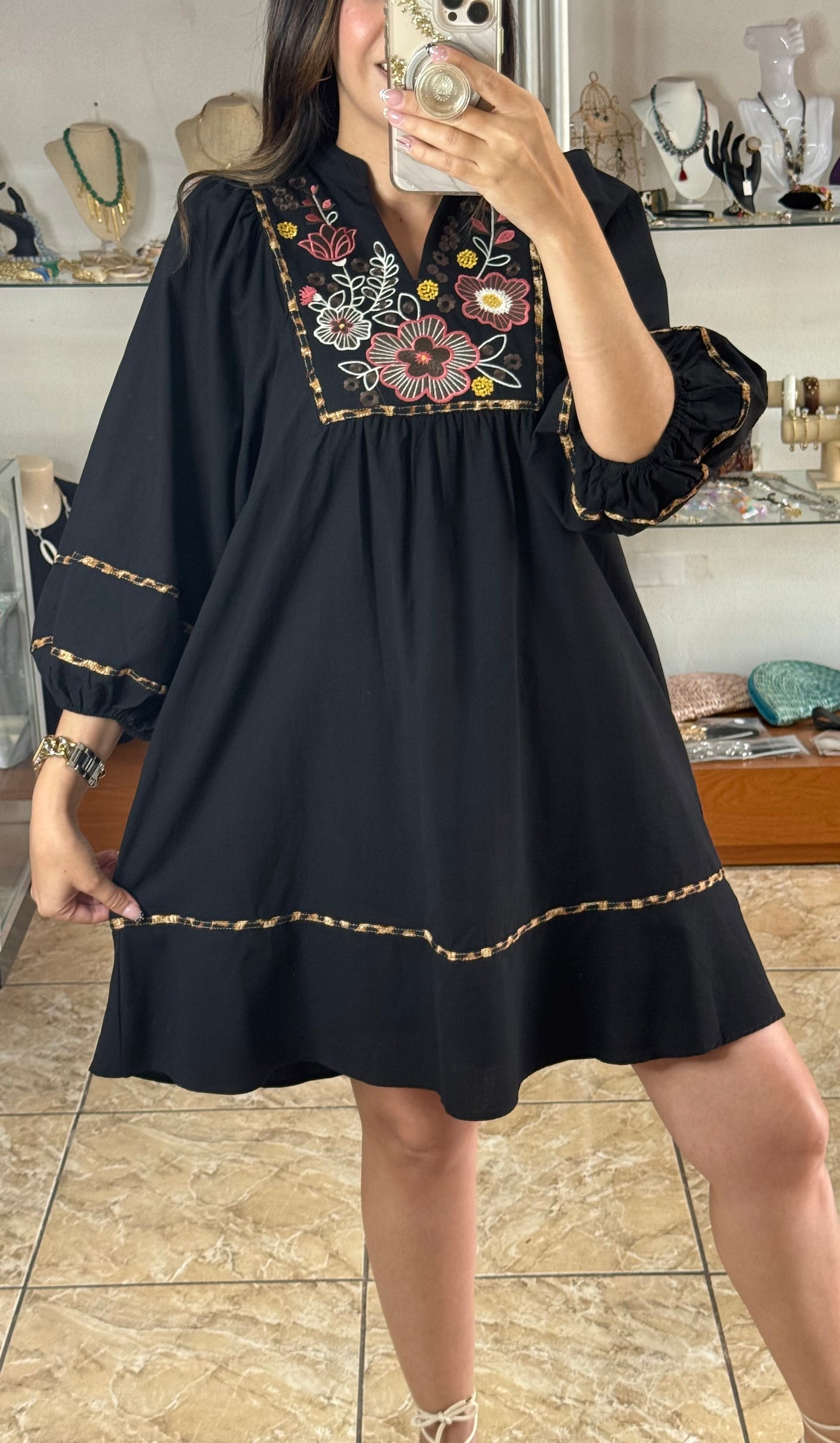 Black/Floral/Leopard Embroidered Dress