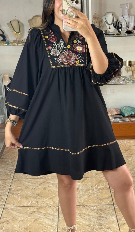 Black/Floral/Leopard Embroidered Dress