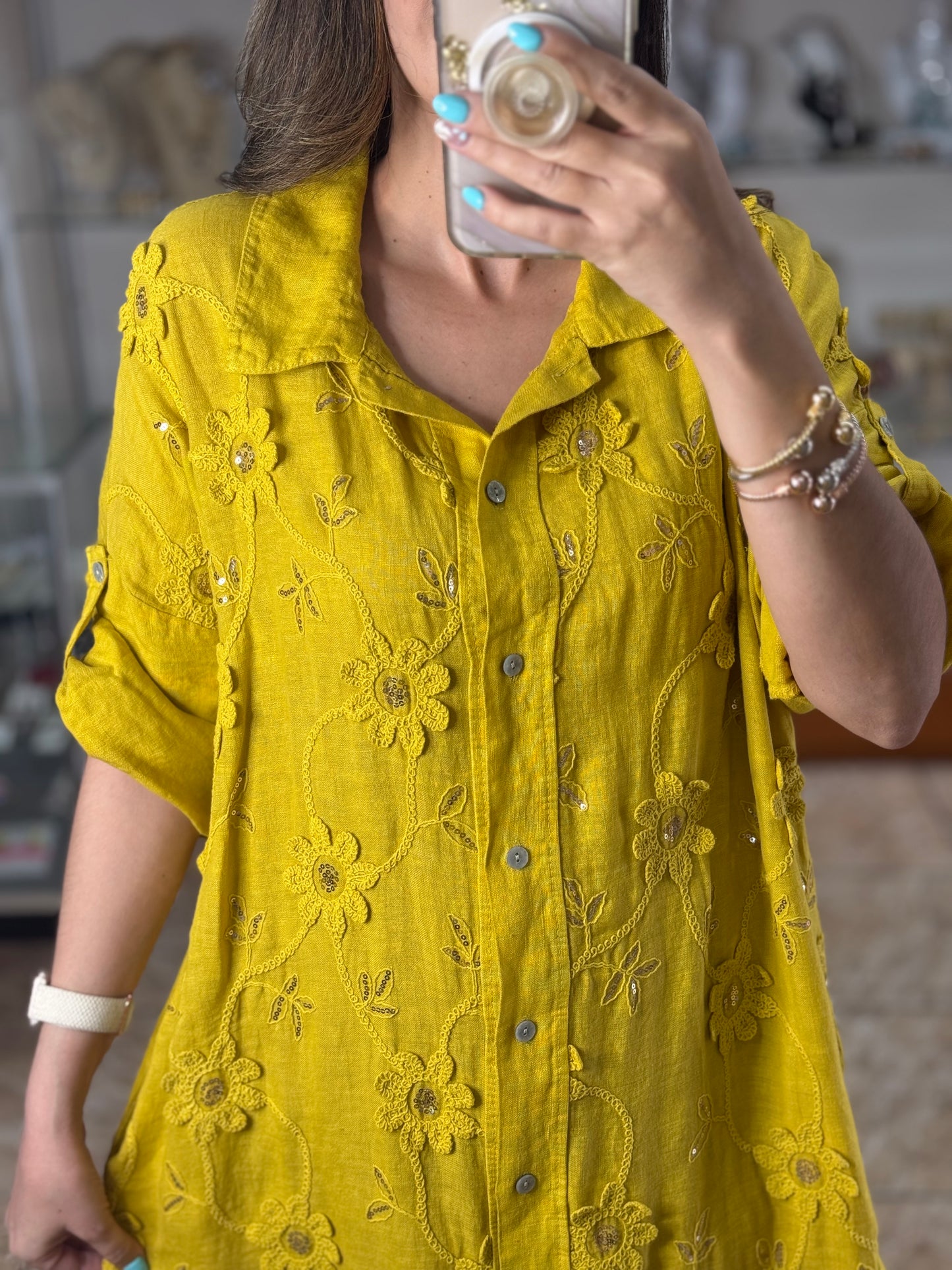 OS Embroidered/Sequins Linen Maxi Dress (NO RETURNS OR EXCHANGE)