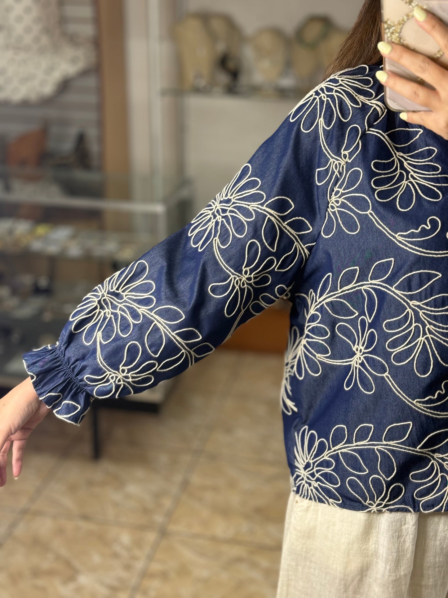 Long Sleeves OS Blue Denim Embroidered Top (NO RETURNS OR EXCHANGE)