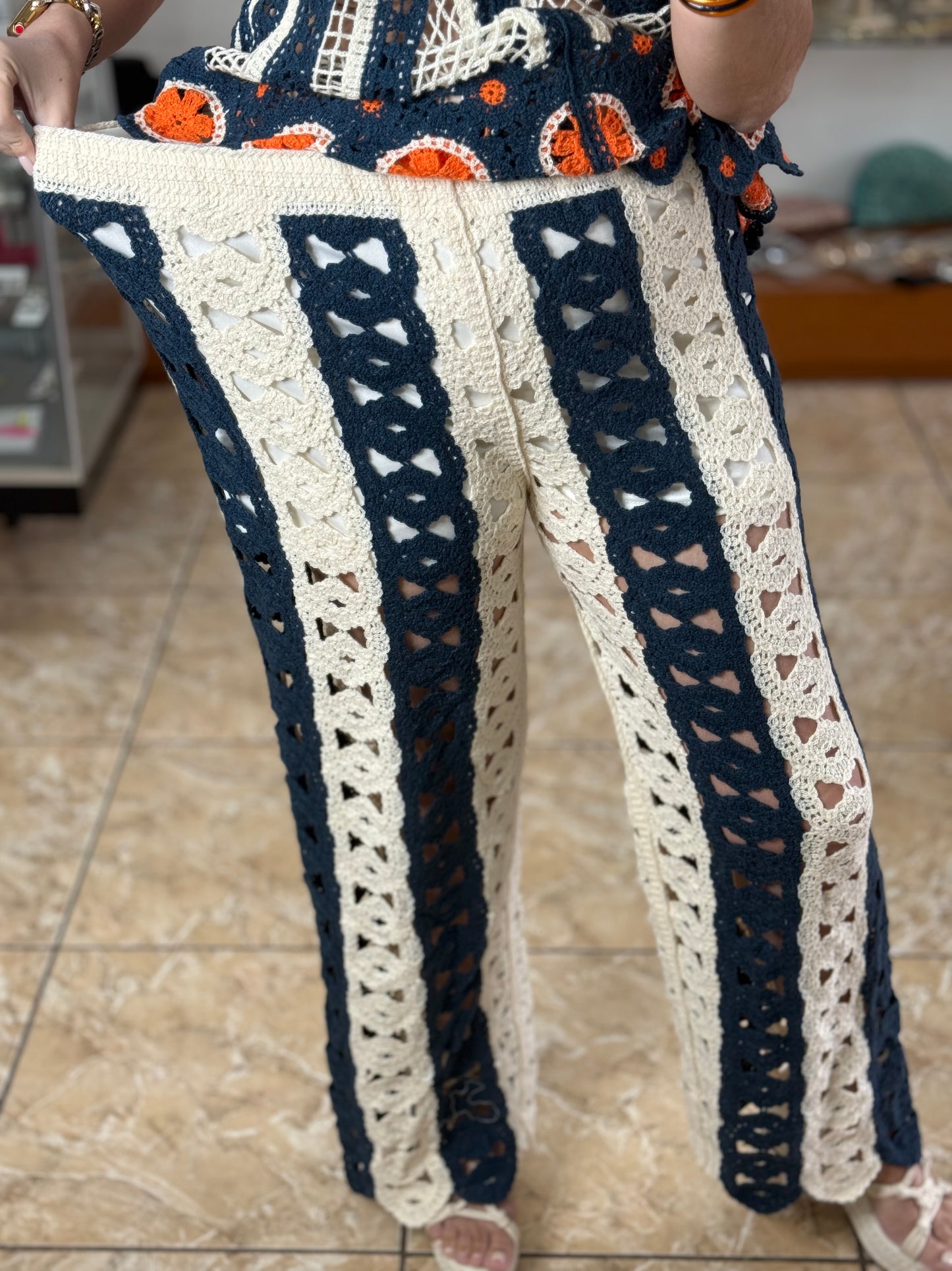 Cream/Navy OS Crochet Pant (NO RETURNS OR EXCHANGE) (TOP SOLD SEPARATELY)