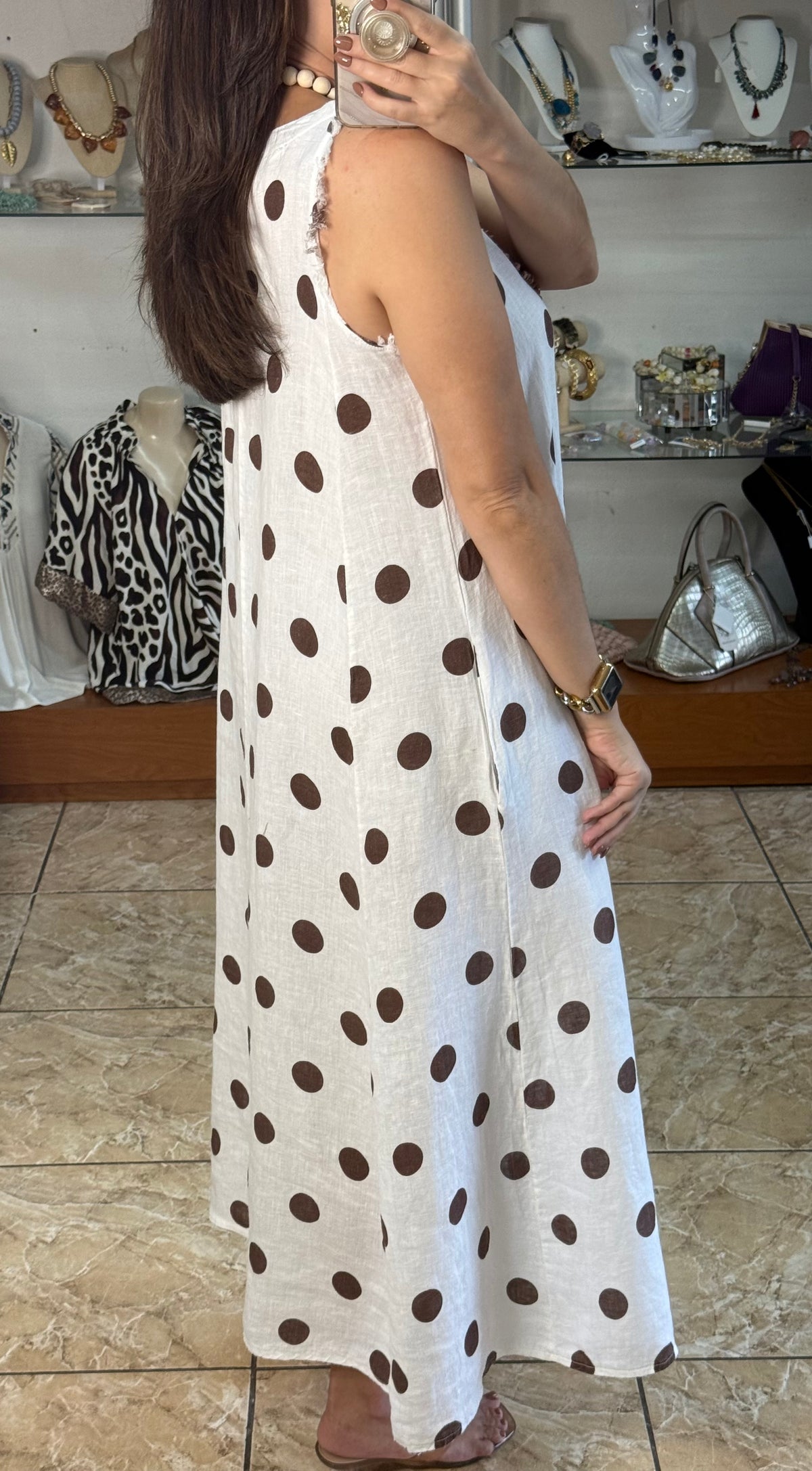 OS Linen Sleeveless Polka Dots Dress (NO RETURNS OR EXCHANGE)