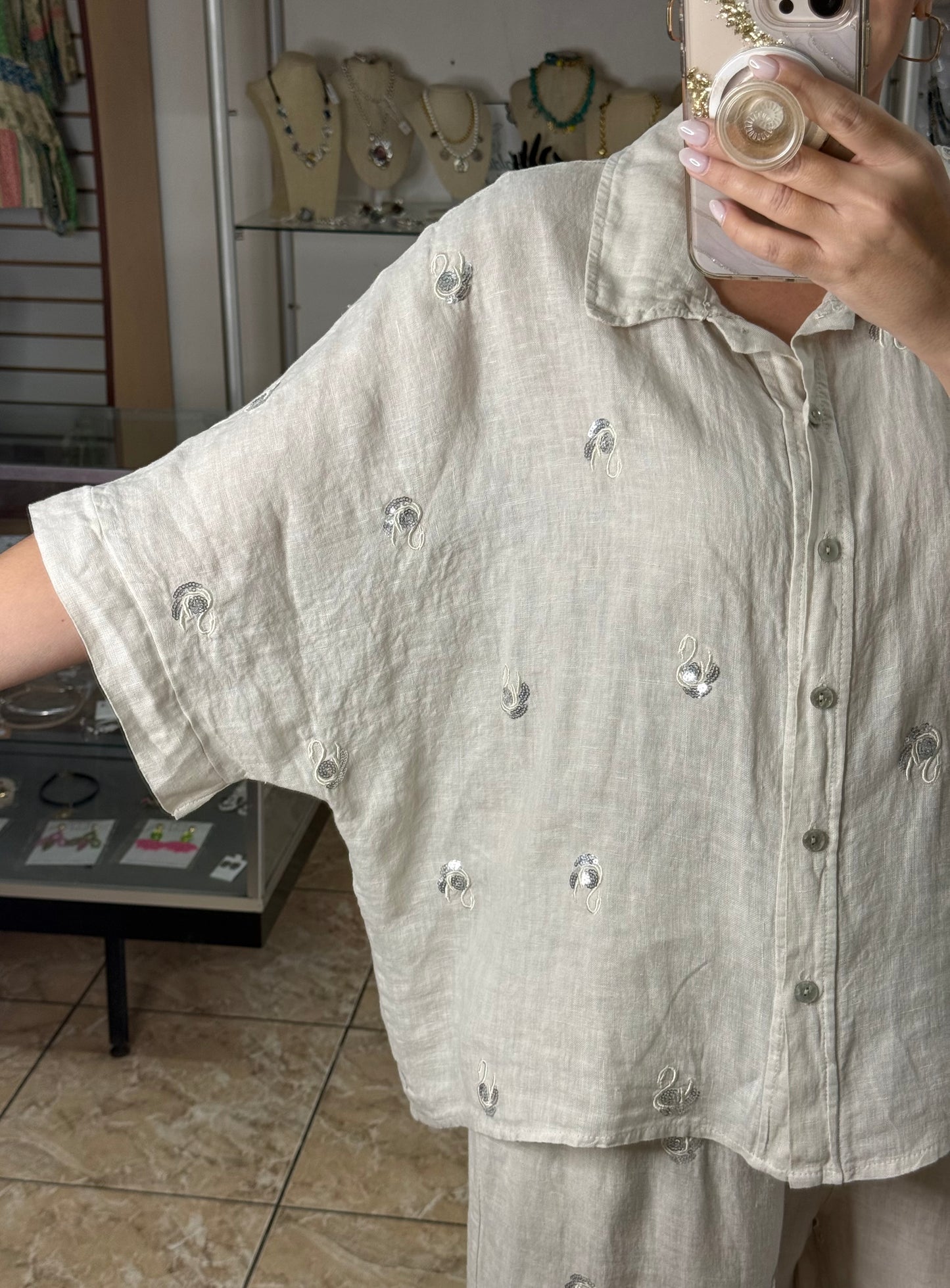 Swans Sequins OS Linen Pant Set (NO RETURNS OR EXCHANGE)