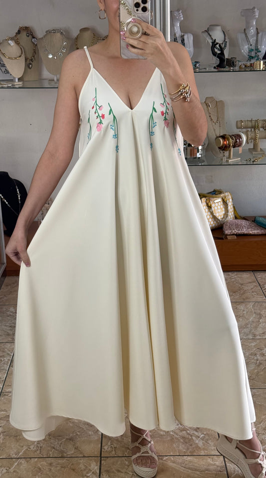 Cream Maxi Floral Embroidered Dress