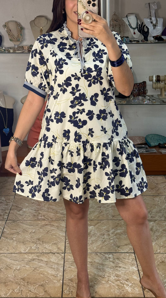 Navy Floral Puff Sleeve Mini Dress (Regular & Plus)