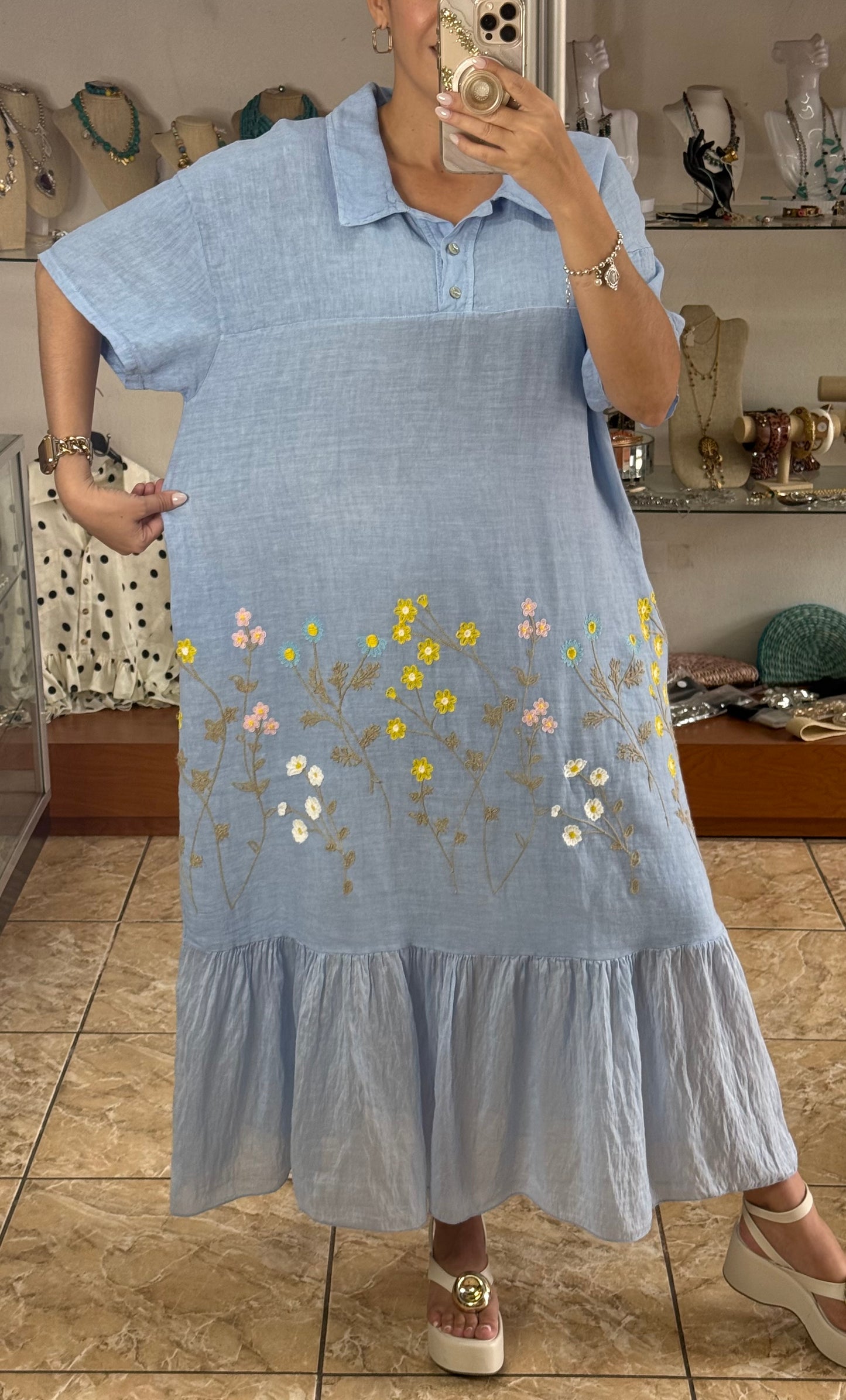 Floral Embroidered OS Linen Dress (NO RETURNS OR EXCHANGE)