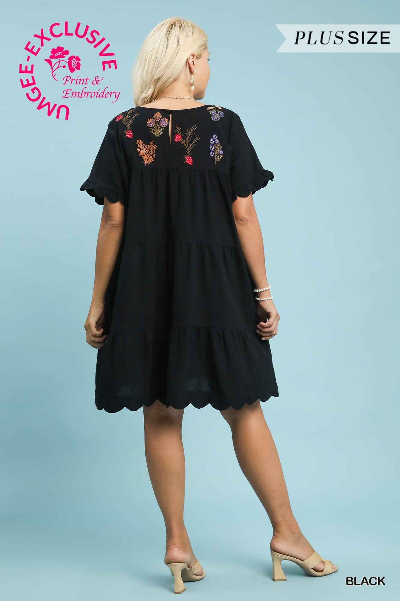 Black Floral Embroidered Tiered Babydoll Dress (PLUS)