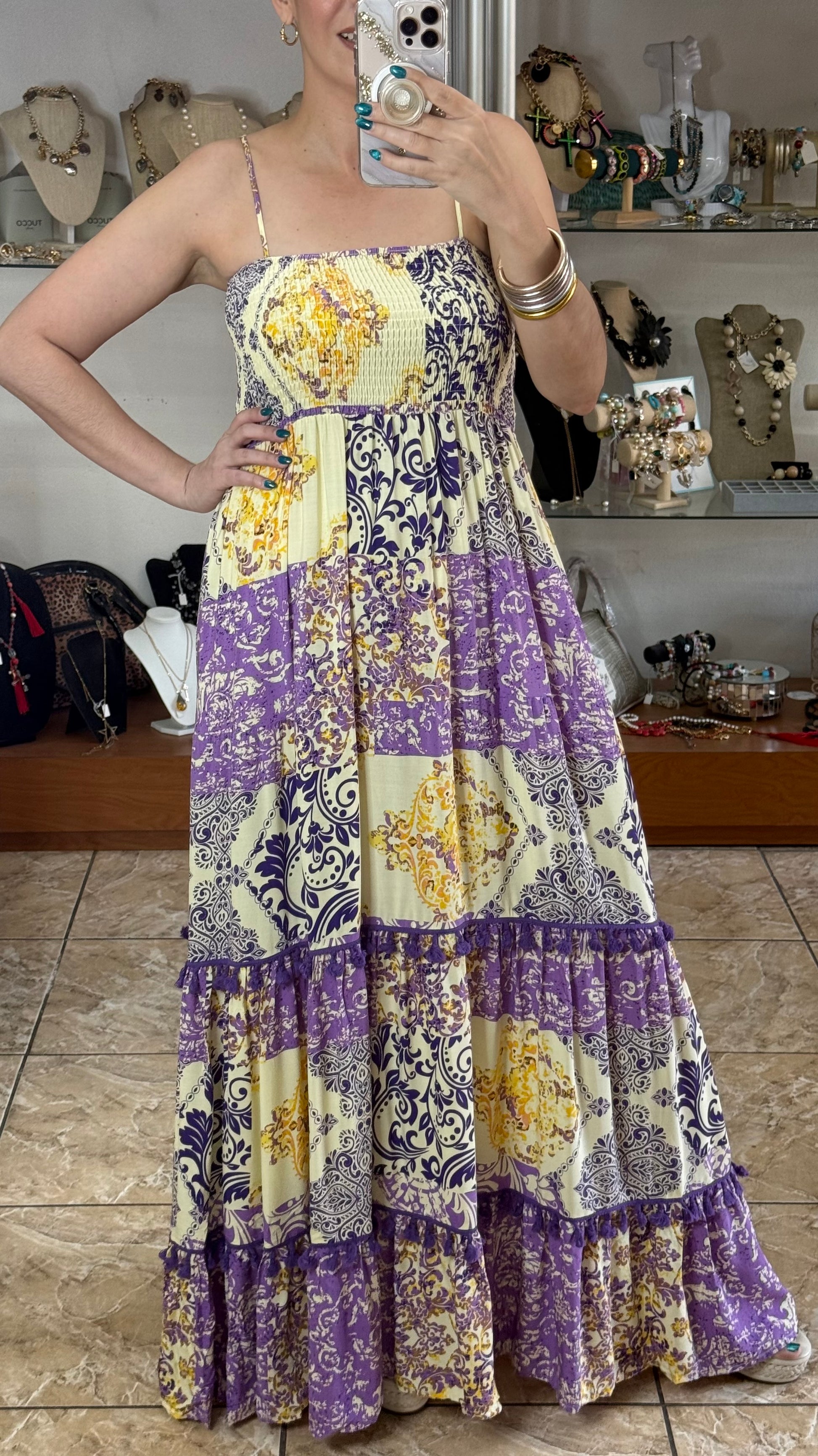 yellow and purple maxi dress Handmade African Print Maxi Dress: Yellow Purple Ankara Ruffle Neckline