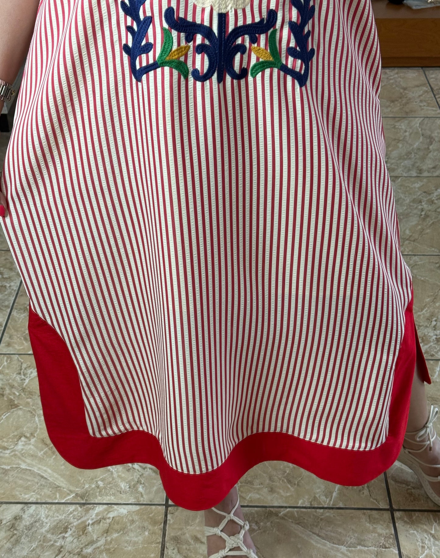 Red Stripes Embroidered Midi Dress