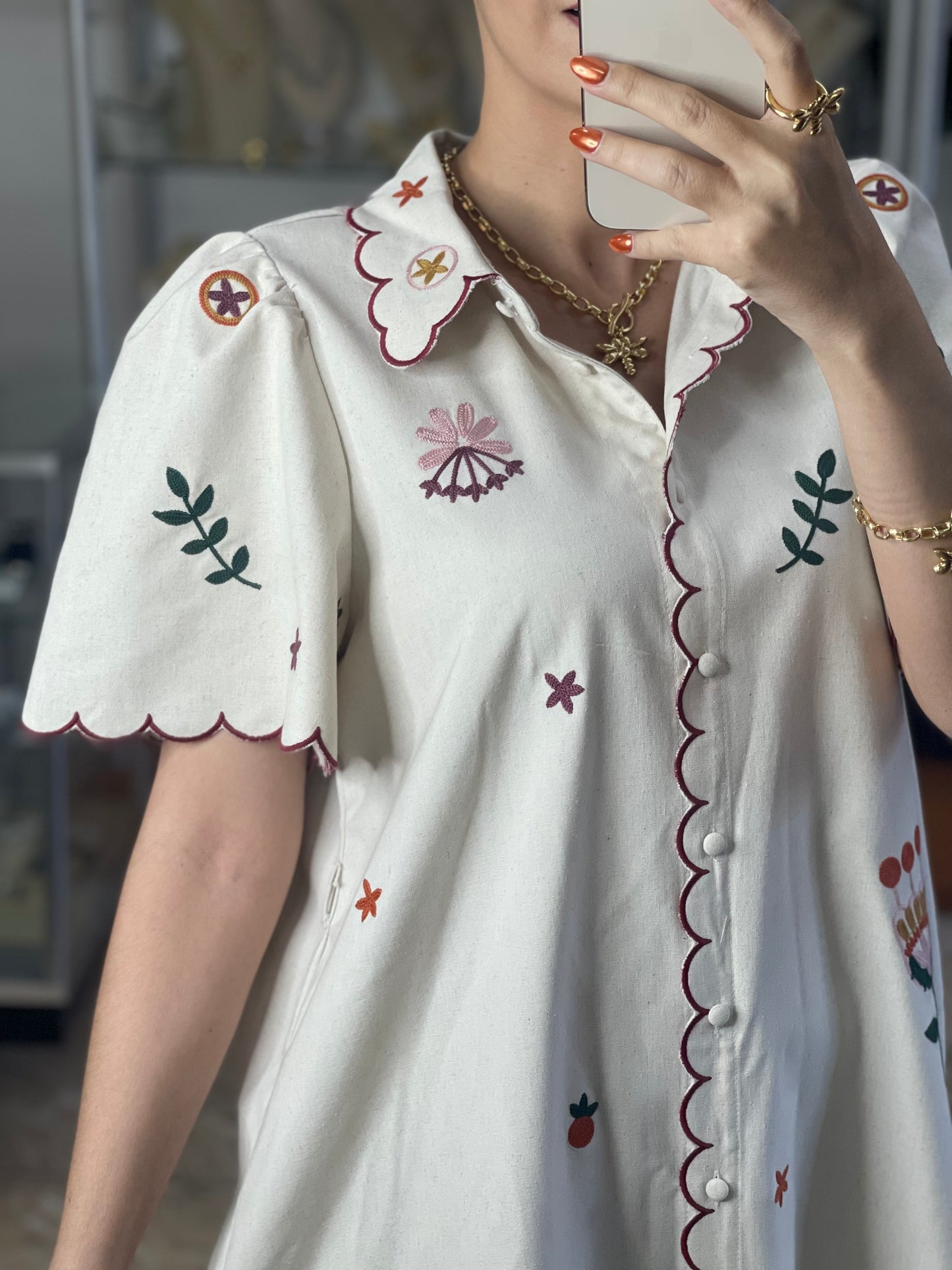 Oatmeal Embroidered Mini Dress