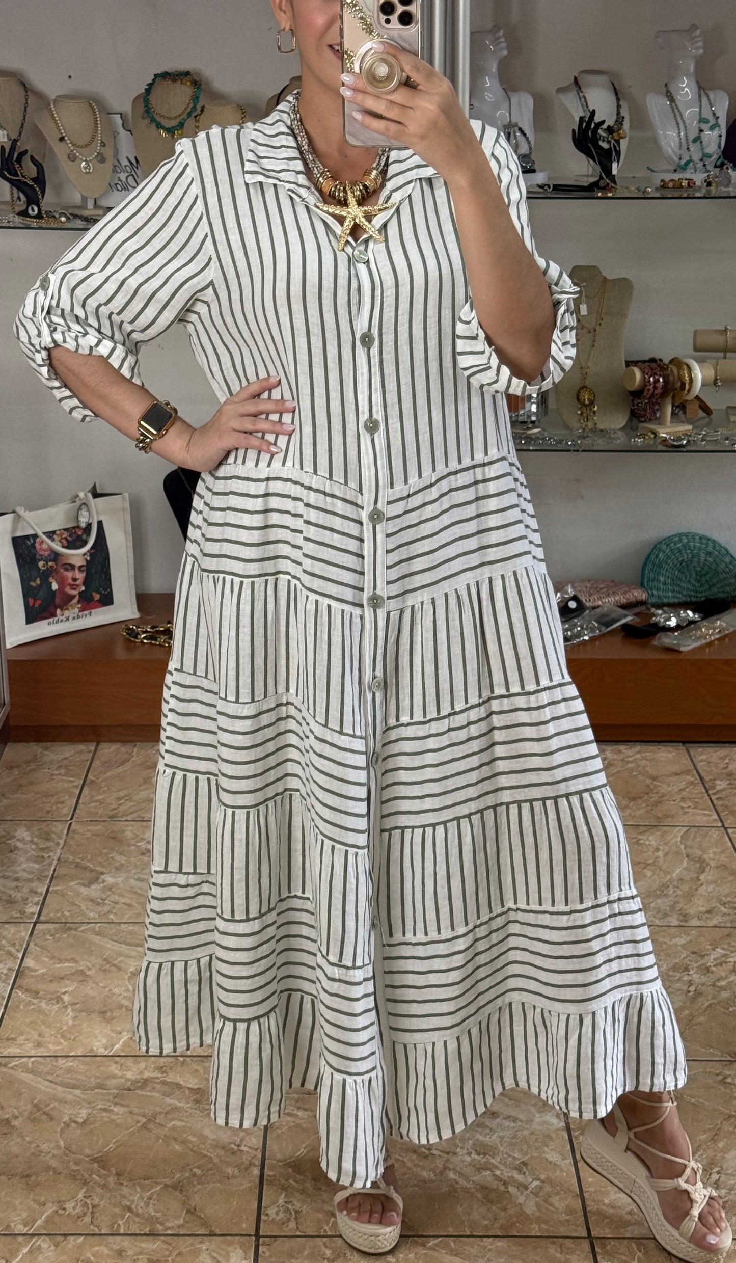 OS Linen Stripes Button Down Maxi Dress (NO RETURNS OR EXCHANGE)