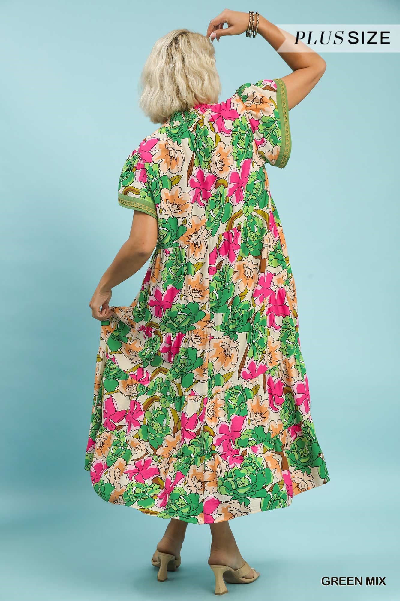 Green Mix Floral Tiered Midi Dress (PLUS)