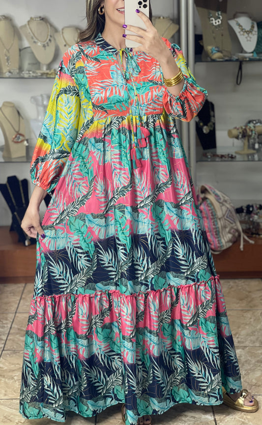 Tropical Multicolor OS Maxi Dress With Pockets