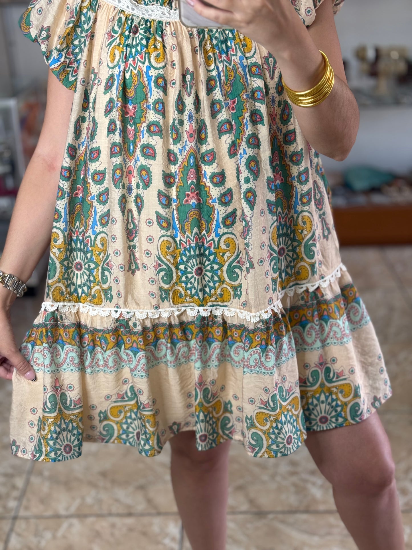 Green Mix Lace Details Mini Dress