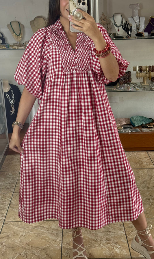 Puff Sleeve Plaid Midi Dress (Reg)