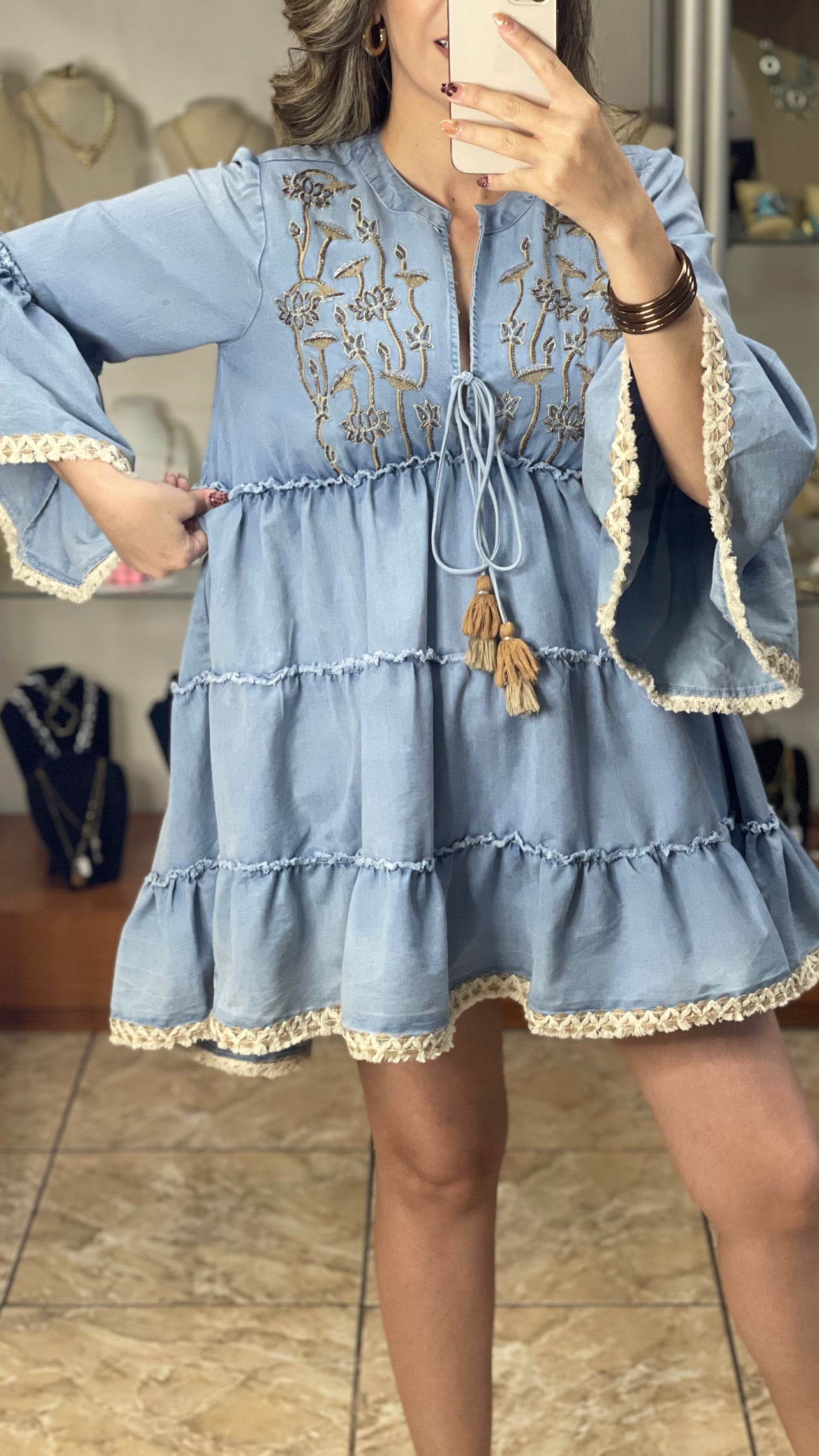 Low/High Embroidered Denim Mini Dress