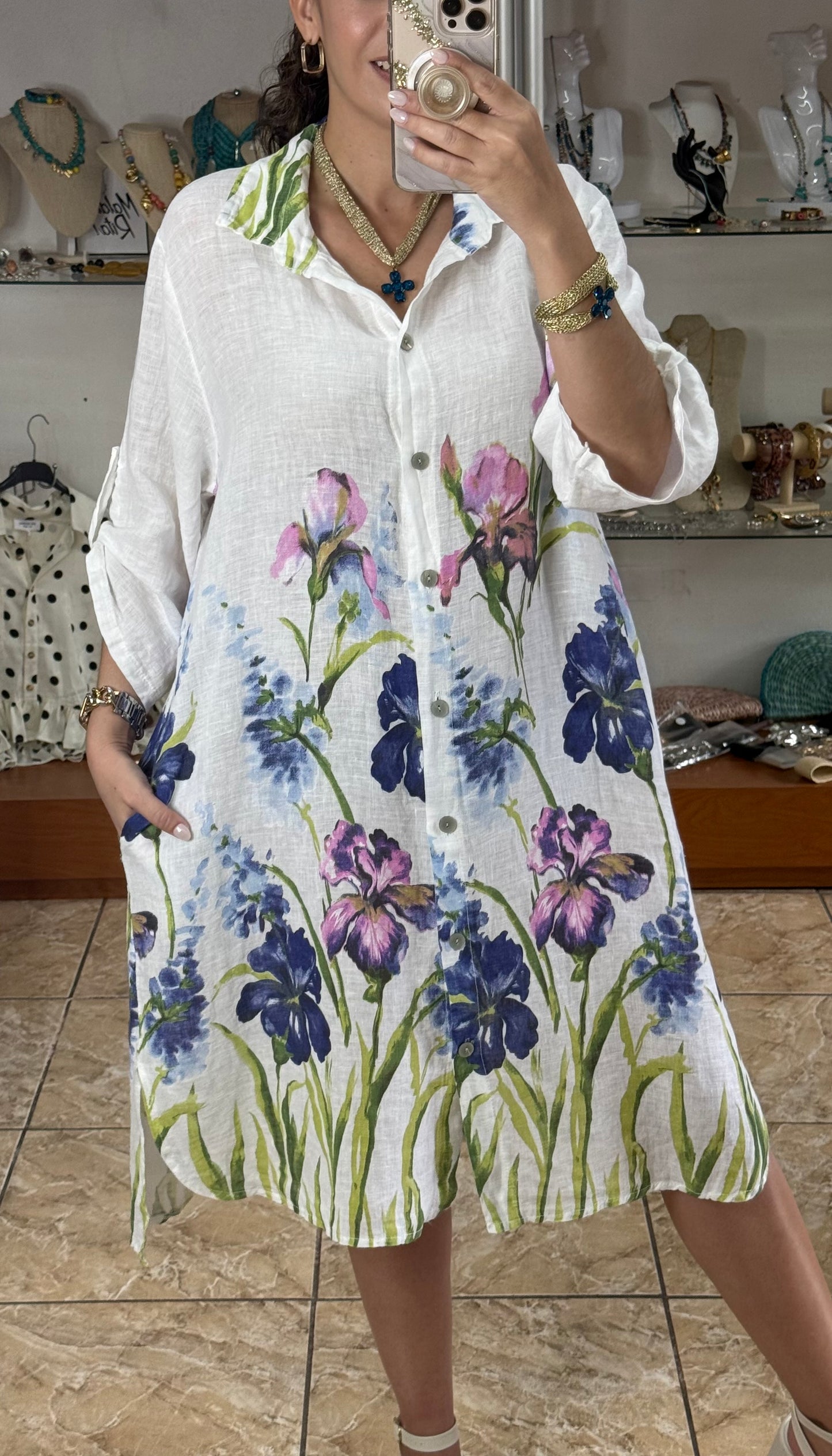 Blue Flowers OS Linen Dress (NO RETURNS OR EXCHANGE)