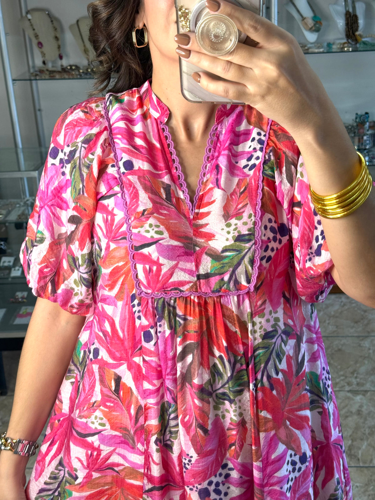Hot Pink Tropical Midi Dress