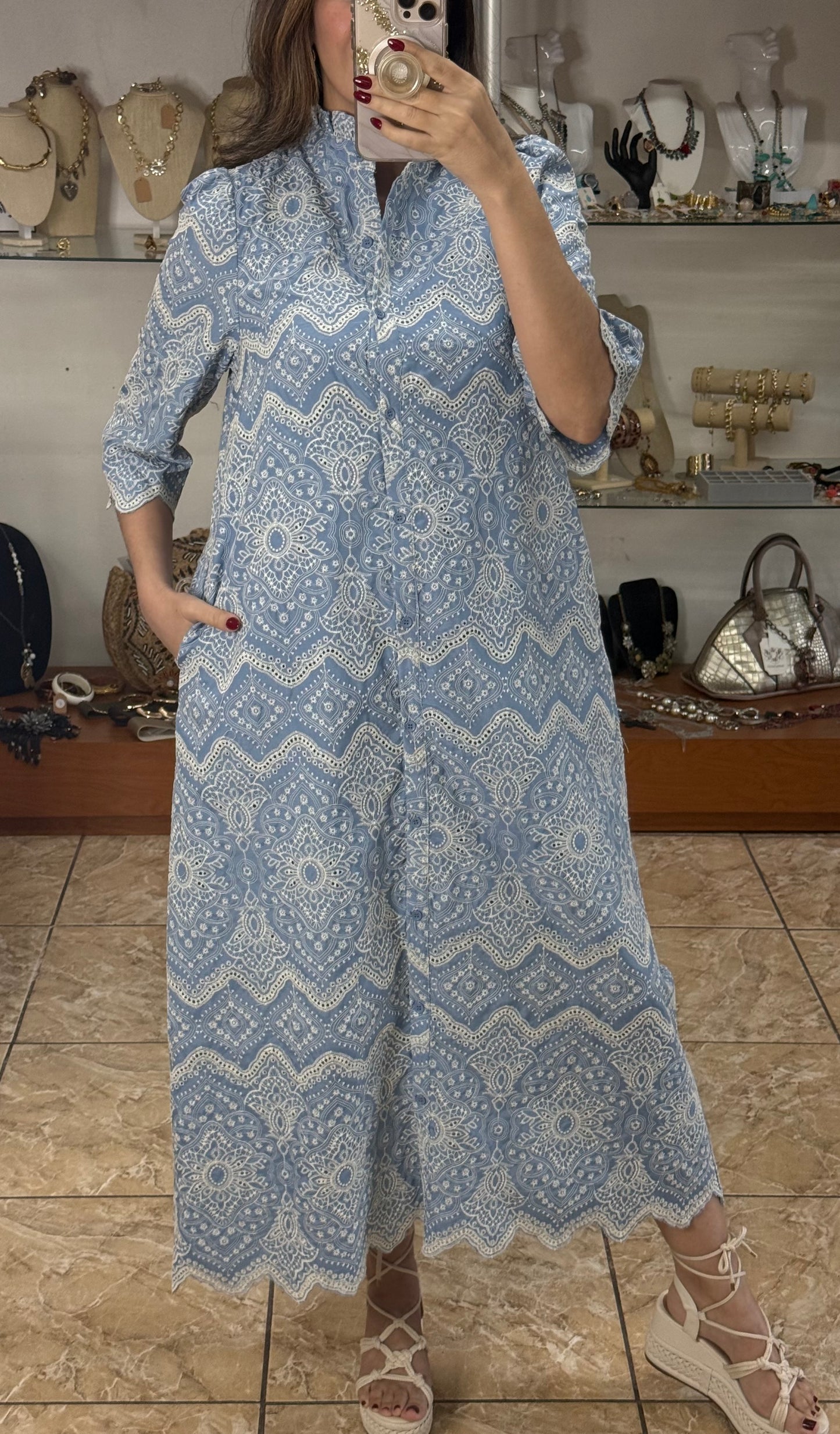 Blue Embroidered Eyelet Midi Dress