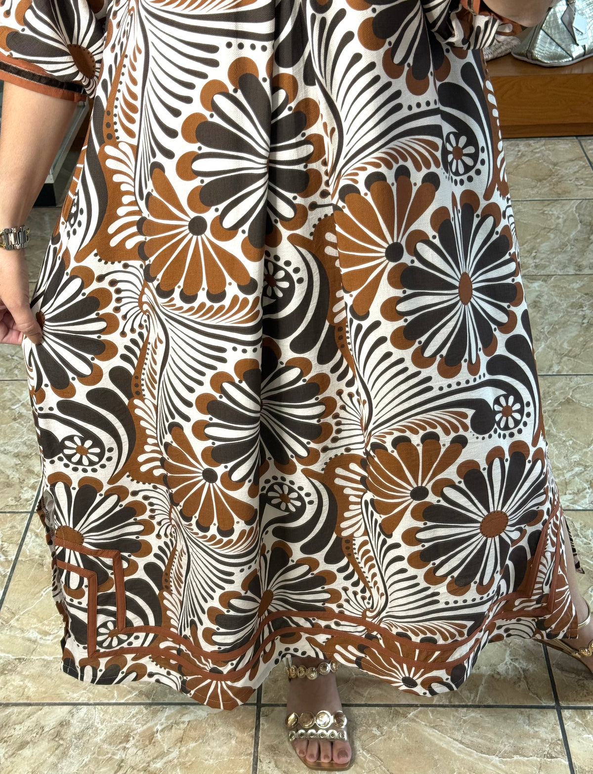 Brown Mix Abstract Print Midi Dress