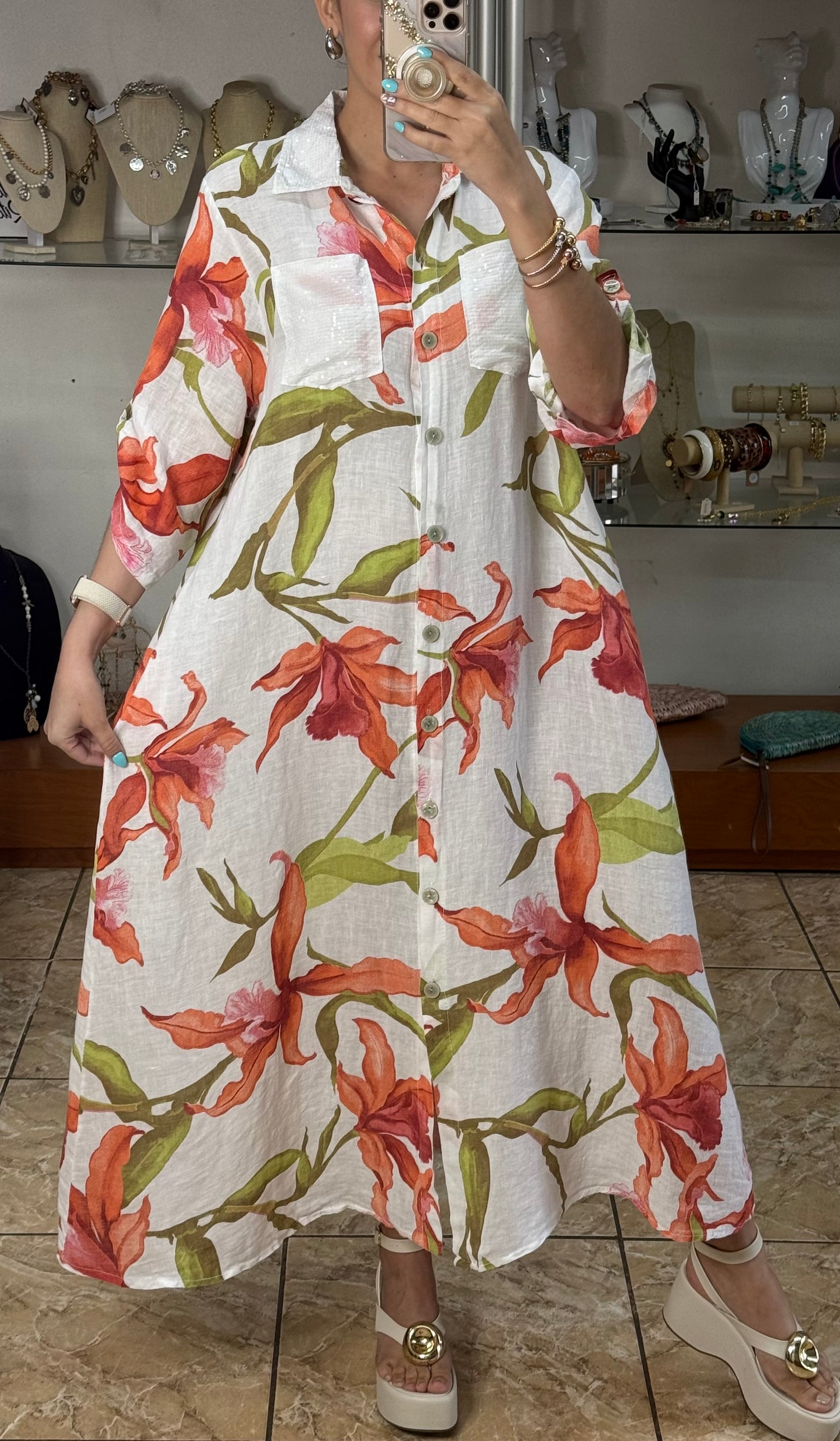 White/Orange Floral OS Linen Maxi Dress (FINAL SALE)