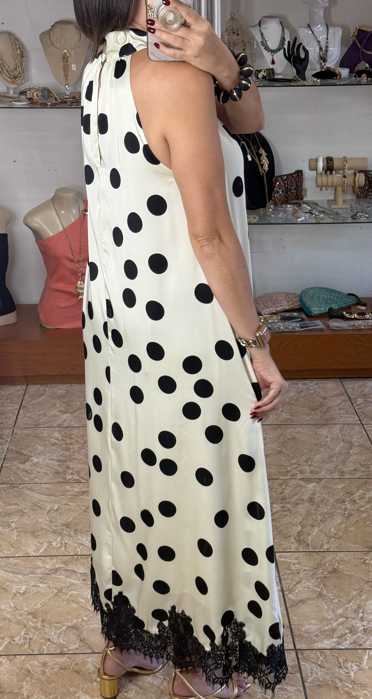 Halter Cream/Black Polkadots with Lace Maxi Dress (NO RETURNS OR EXCHANGE)