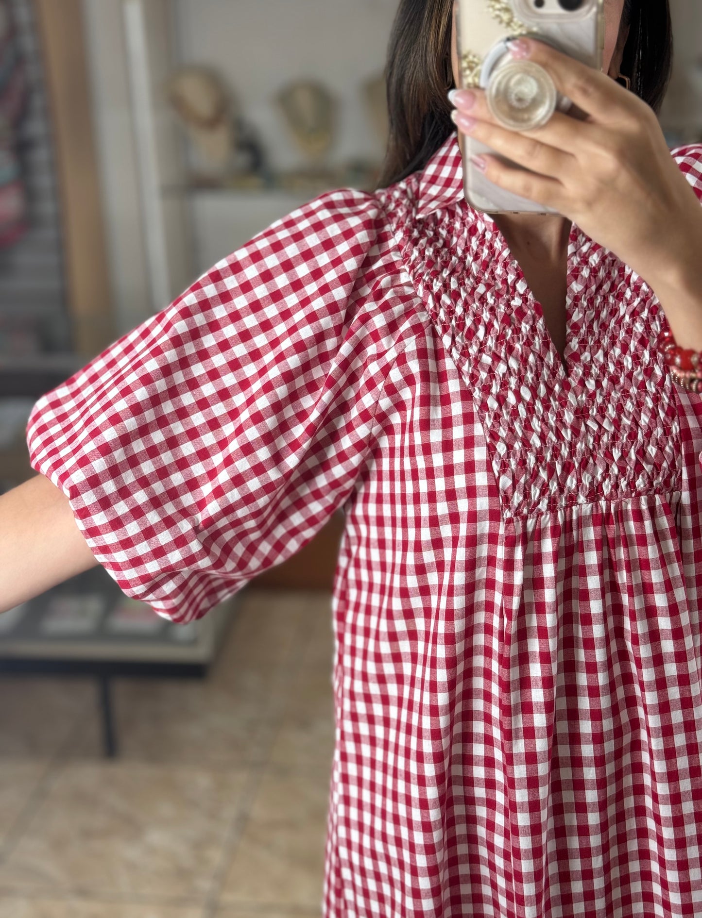 Puff Sleeve Plaid Midi Dress (Reg)