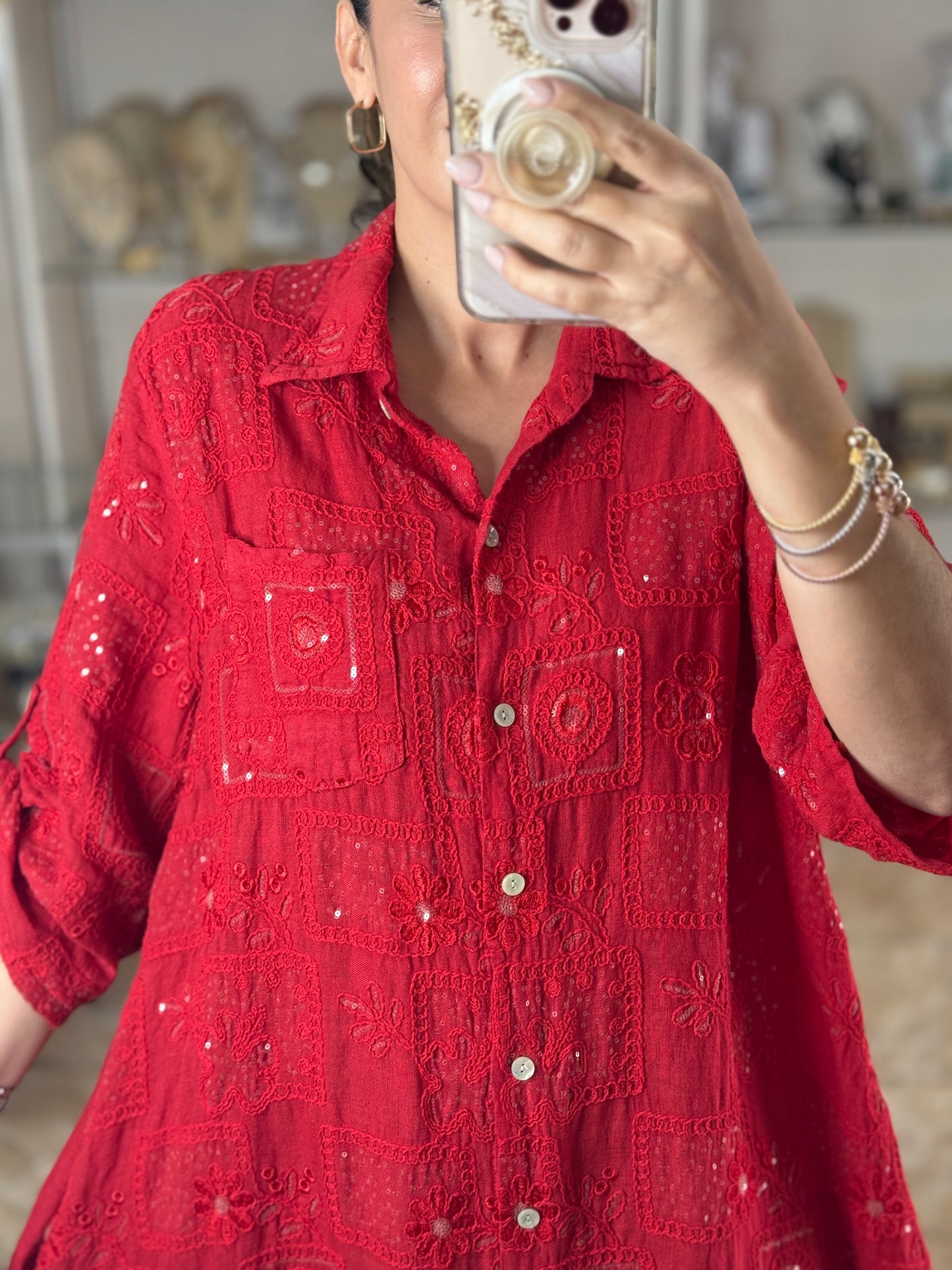 OS Sequins Embroidered Linen Maxi Dress (NO RETURNS OR EXCHANGE)