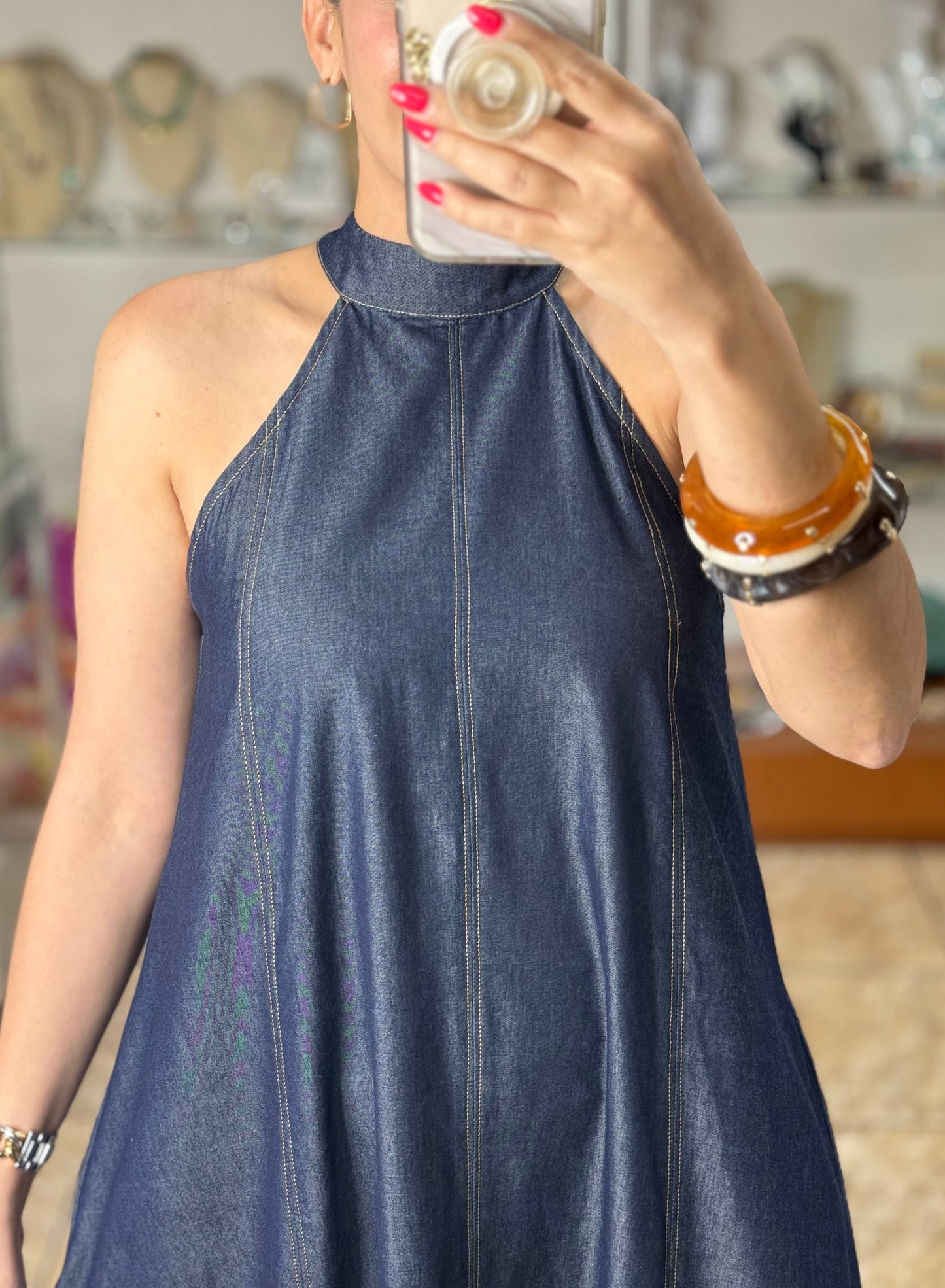 Halter Denim Maxi Dress