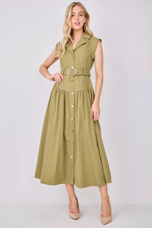 Olive Cap Sleeve Button Down Dress