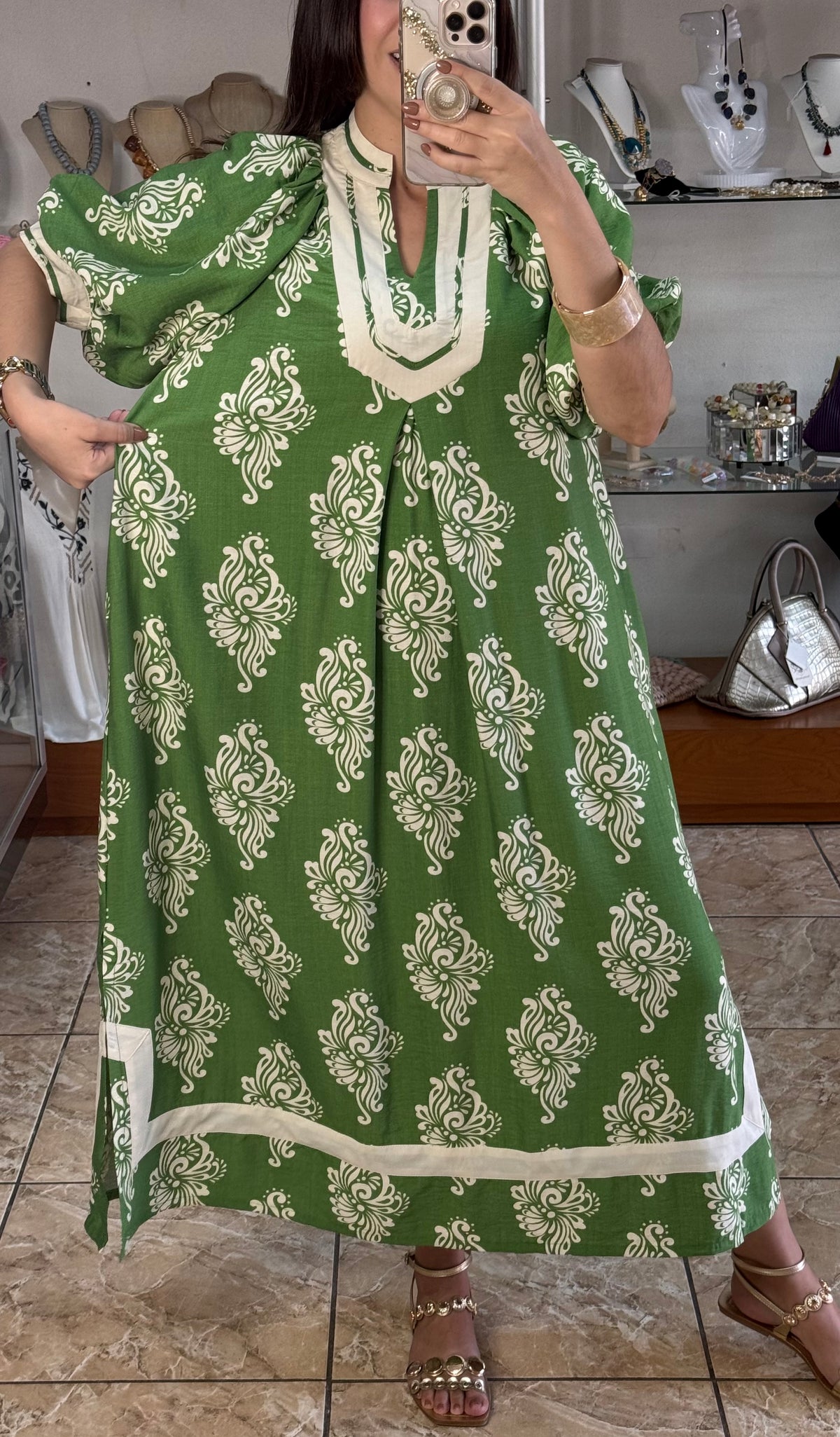 Green Abstract Print Midi Dress