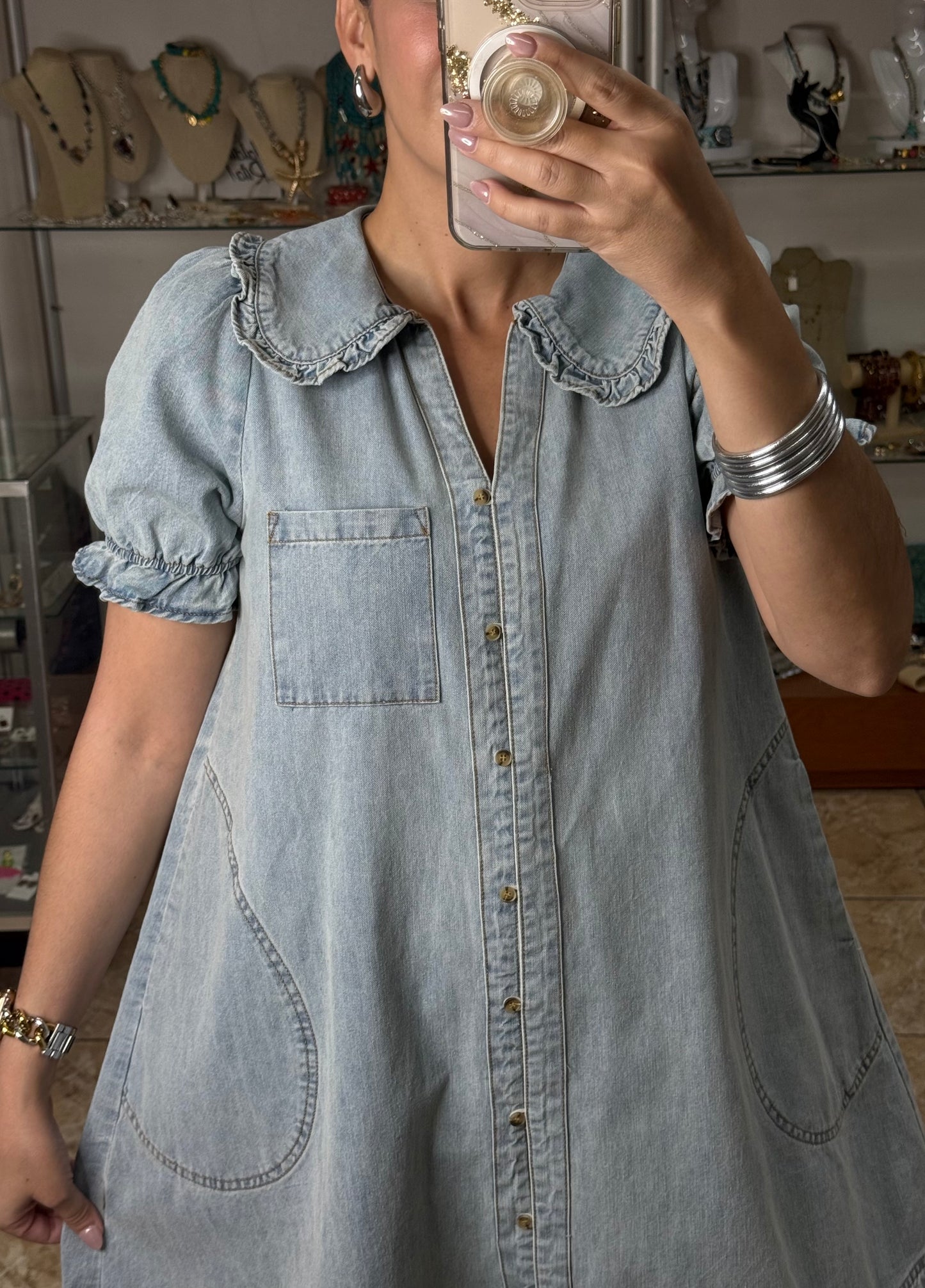 Peter Pan Neckline Denim Dress