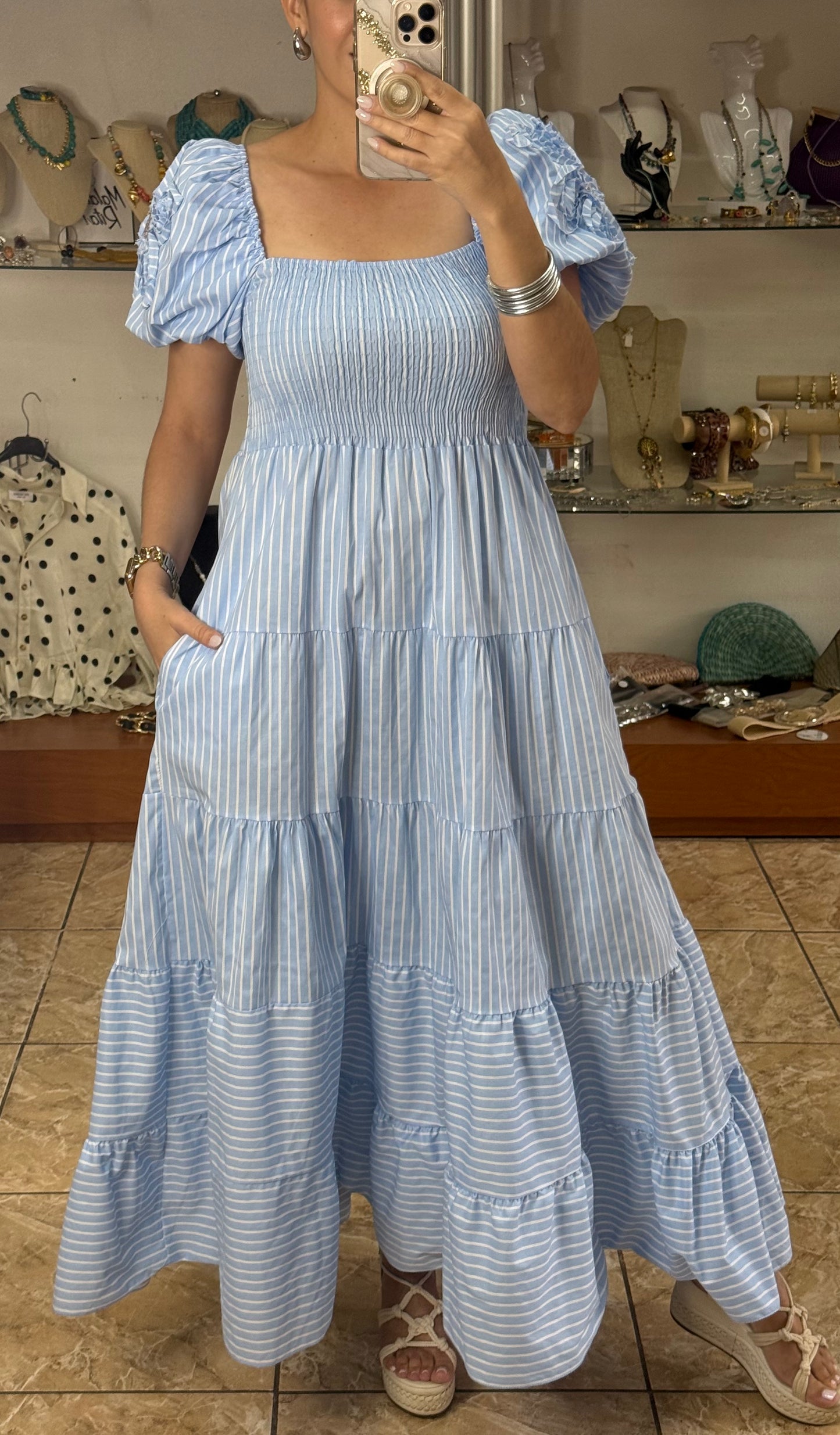 Puff Sleeves Striped OS Maxi Dress (NO RETURNS OR EXCHANGE)