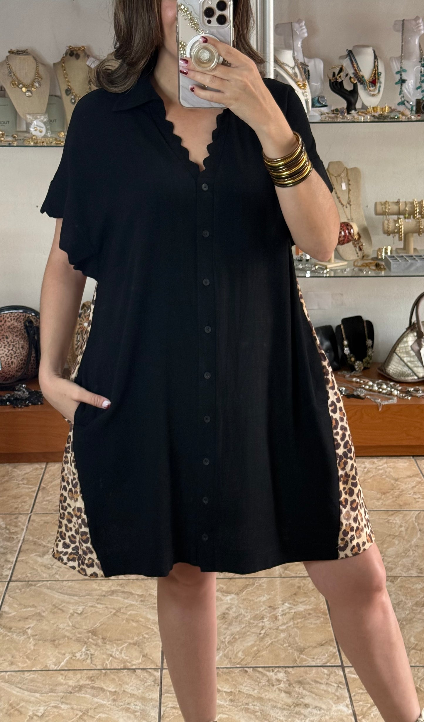 Black/Leopard Button Down Dress