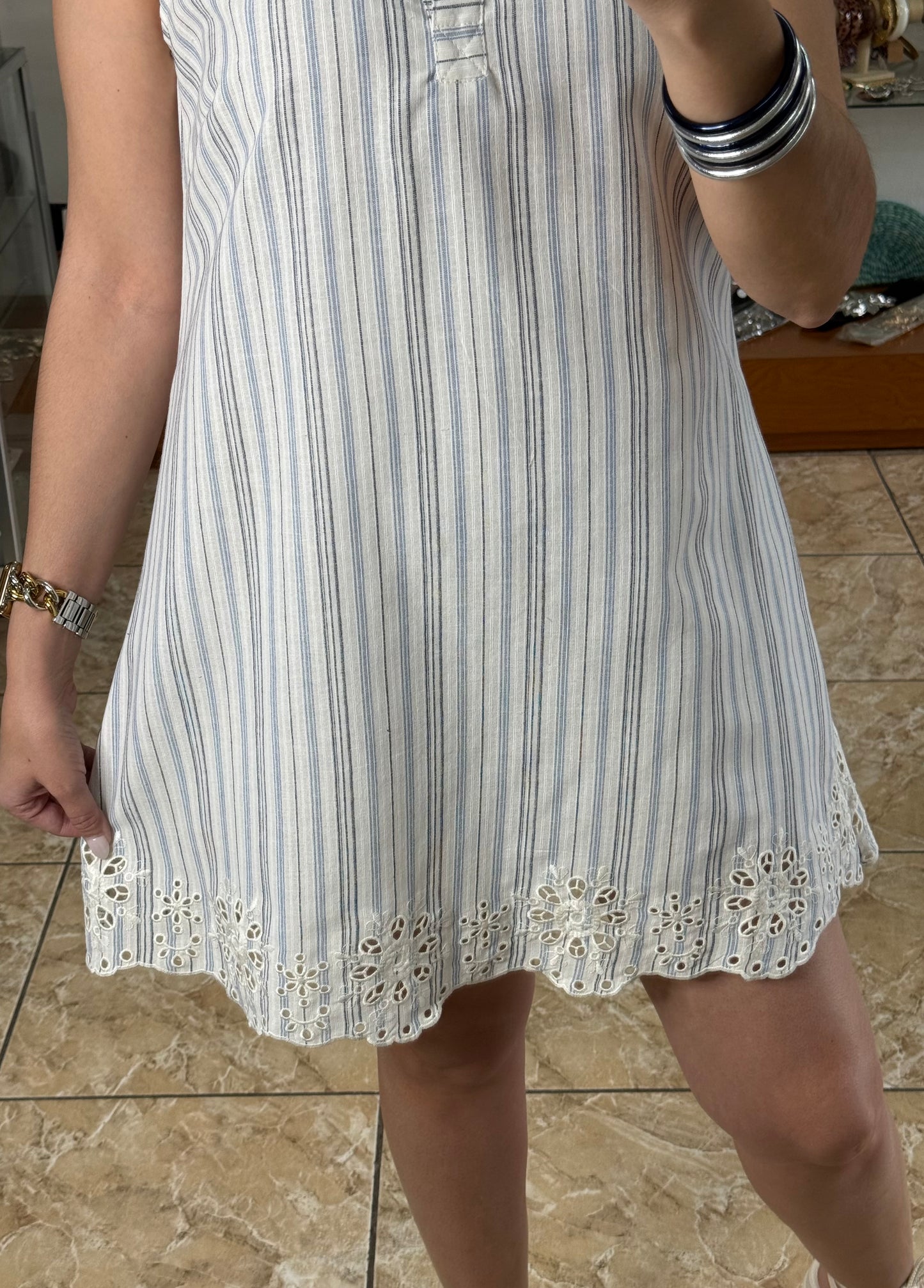 Blue Stripes Embroidered Details Dress