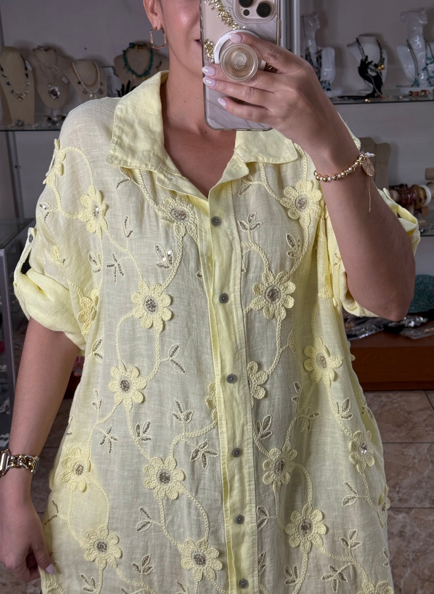 OS Embroidered/Sequins Linen Maxi Dress (NO RETURNS OR EXCHANGE)