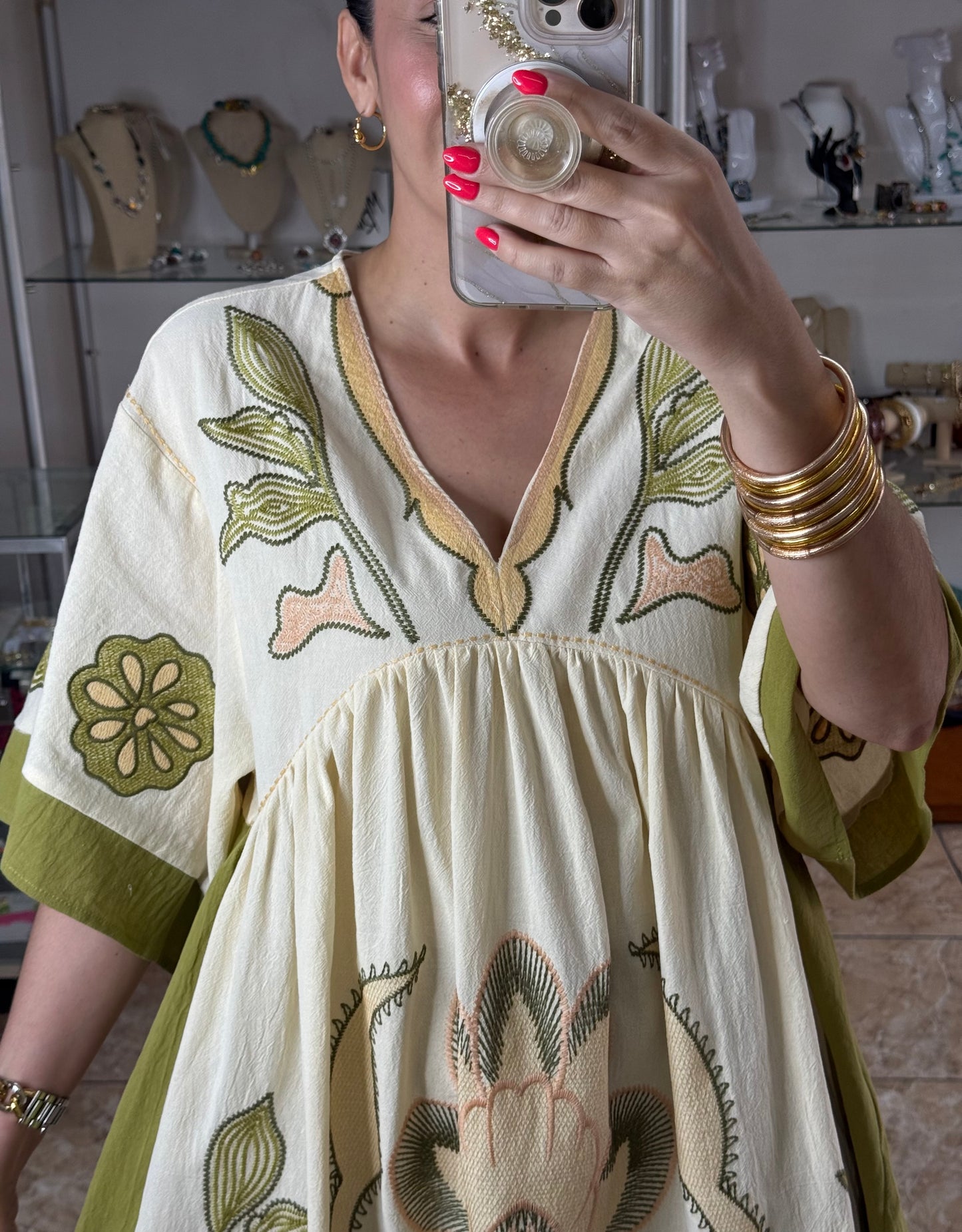 Embroidered Kaftan Mini Dress (Green)