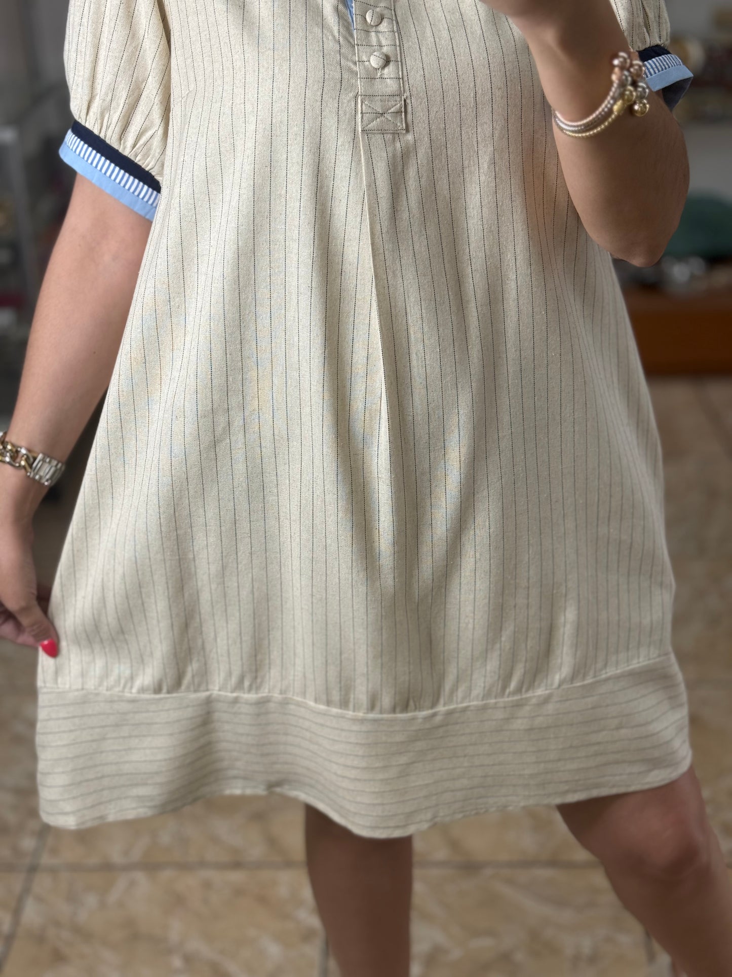 Oatmeal Linen Stripes Polo Dress